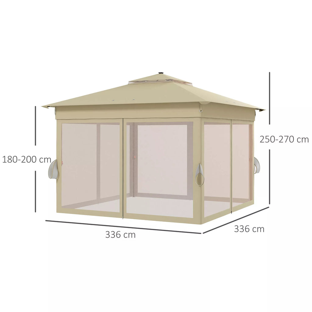 Paviljonas 3,3x3,3 m Vandeniui atsparus išskleidžiamas paviljonas su LED apšvietimu, dvigubu stogu, moskitų tinkleliu, 4 šoninėmis dalimis ir maišeliu