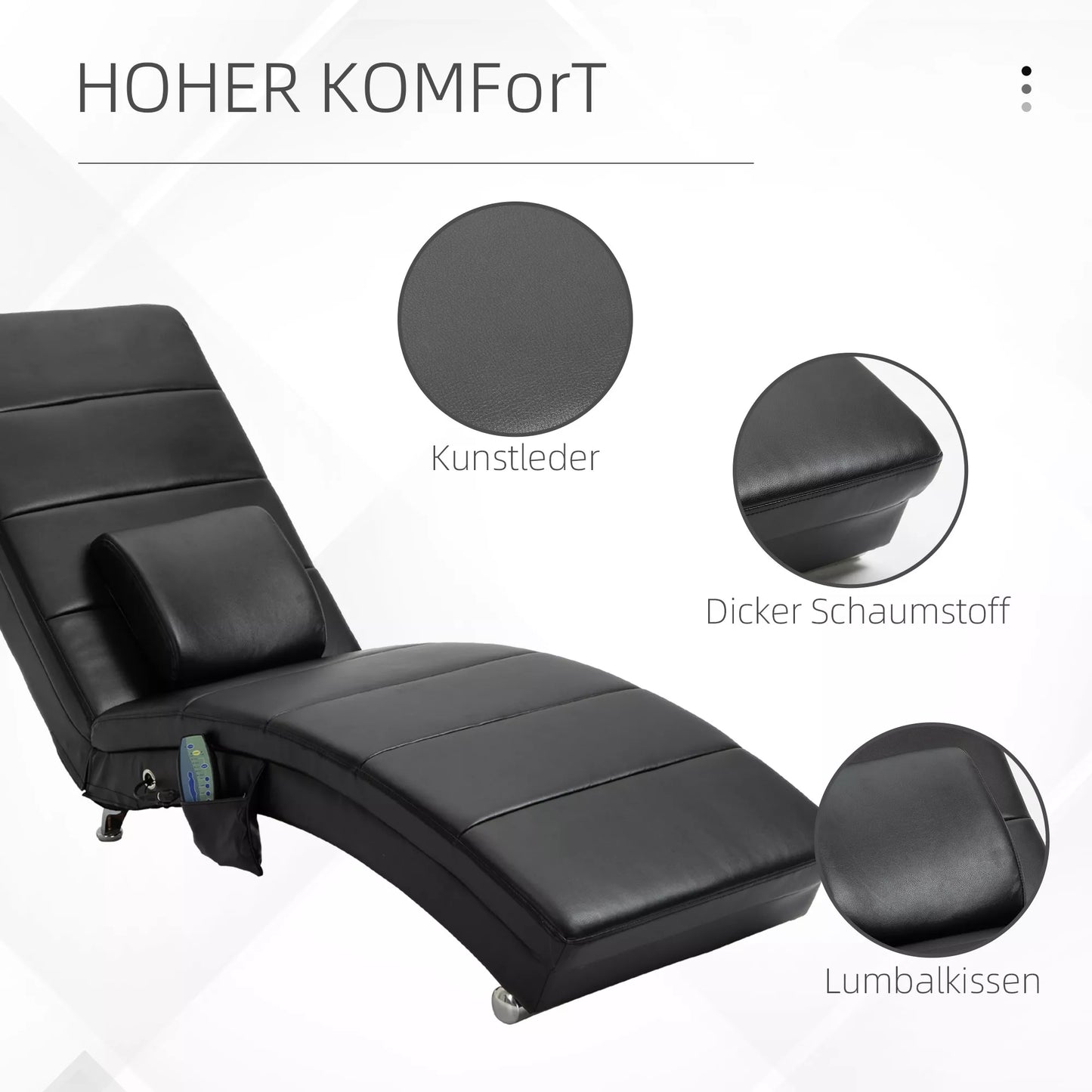 Atlošiama masažinė kėdė (lounge fotelis) Ergonomiška, su aukšta atlošo atrama, masažo funkcija ir pagalvėle, Zero-G dizainas. Dirbtinė oda, metalas, putplastis. Juoda. 58 x 163 x 87 cm