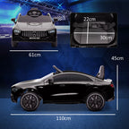 Juodo vaikų elektromobilio matmenų schema su nurodytais išmatavimais