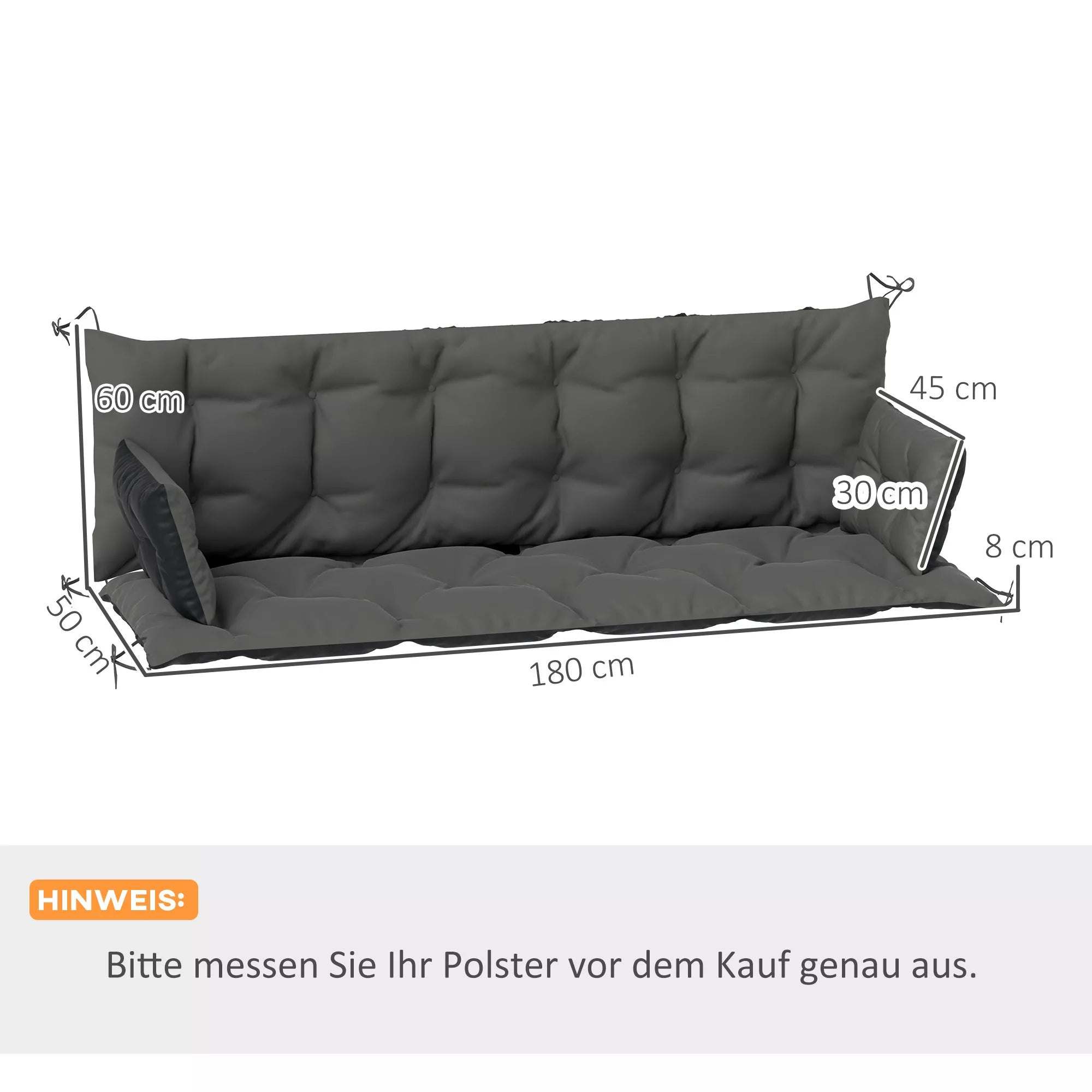 Lauko pagalvės rinkinys suolui arba holivudo sūpynėms, dviejų spalvų, poliesteris, putplastis, 180 x 110 x 8 cm, tamsiai pilkos spalvos