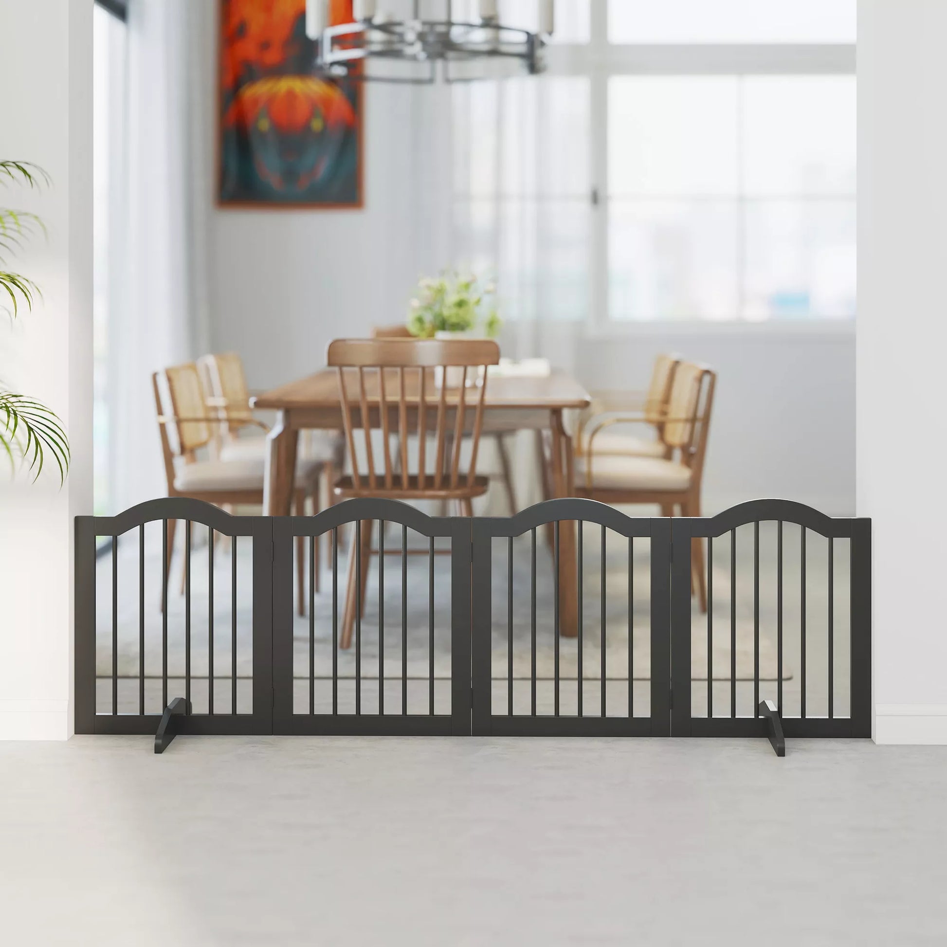 Apsauginė tvora šunims Laisvai stovinti apsauginė tvora su kojomis, sulankstoma tvora šunims, 4 paneliai, 208 x 29,5 x 61 cm, juoda