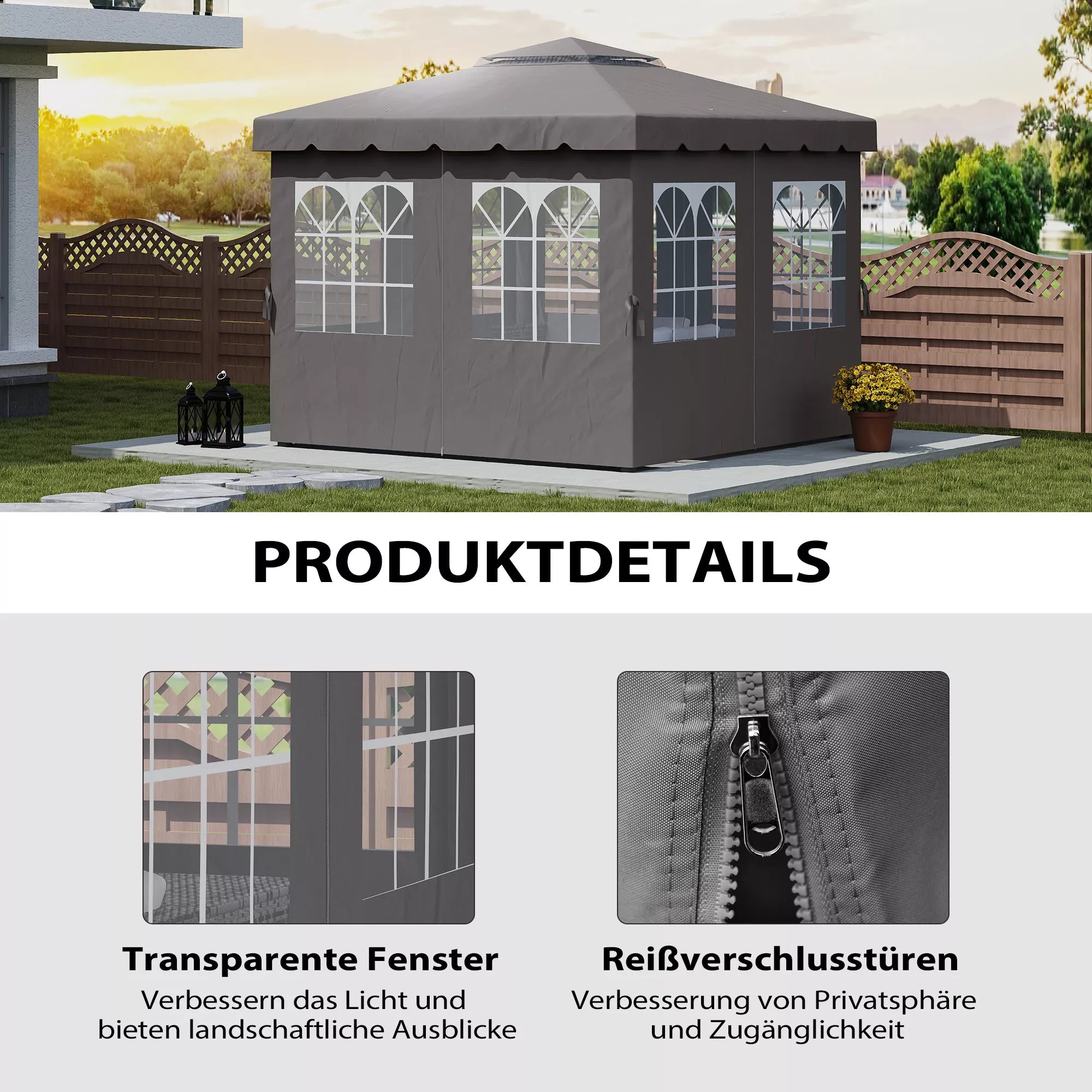 Pavilion sienos, 4 sienų panelės sodo paviljonui, su užtrauktuku, 3 x 4 m paviljonas, tamsiai pilkos spalvos