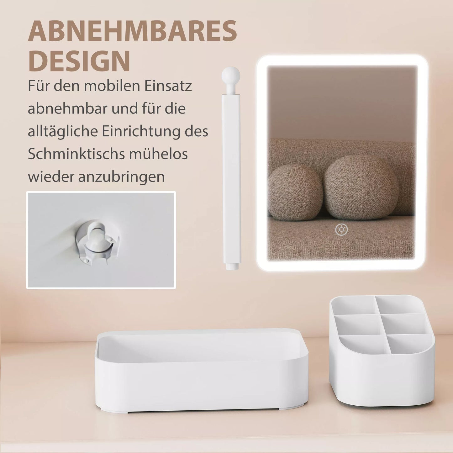 Makiažo veidrodis su apšvietimu, įkraunamas, 180° pasukamas LED kosmetinis veidrodis su 2 apšvietimo režimais, baltas