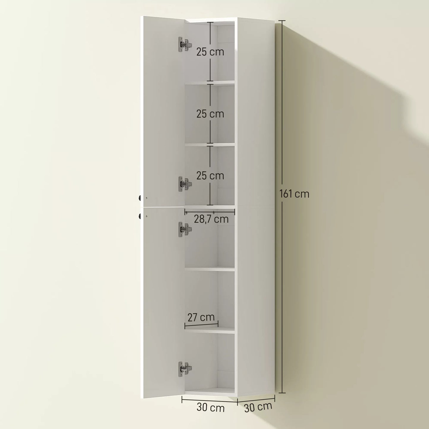 Sieninė vonios spintelė, lakuotas paviršius, 6 lentynos, MDF, balta