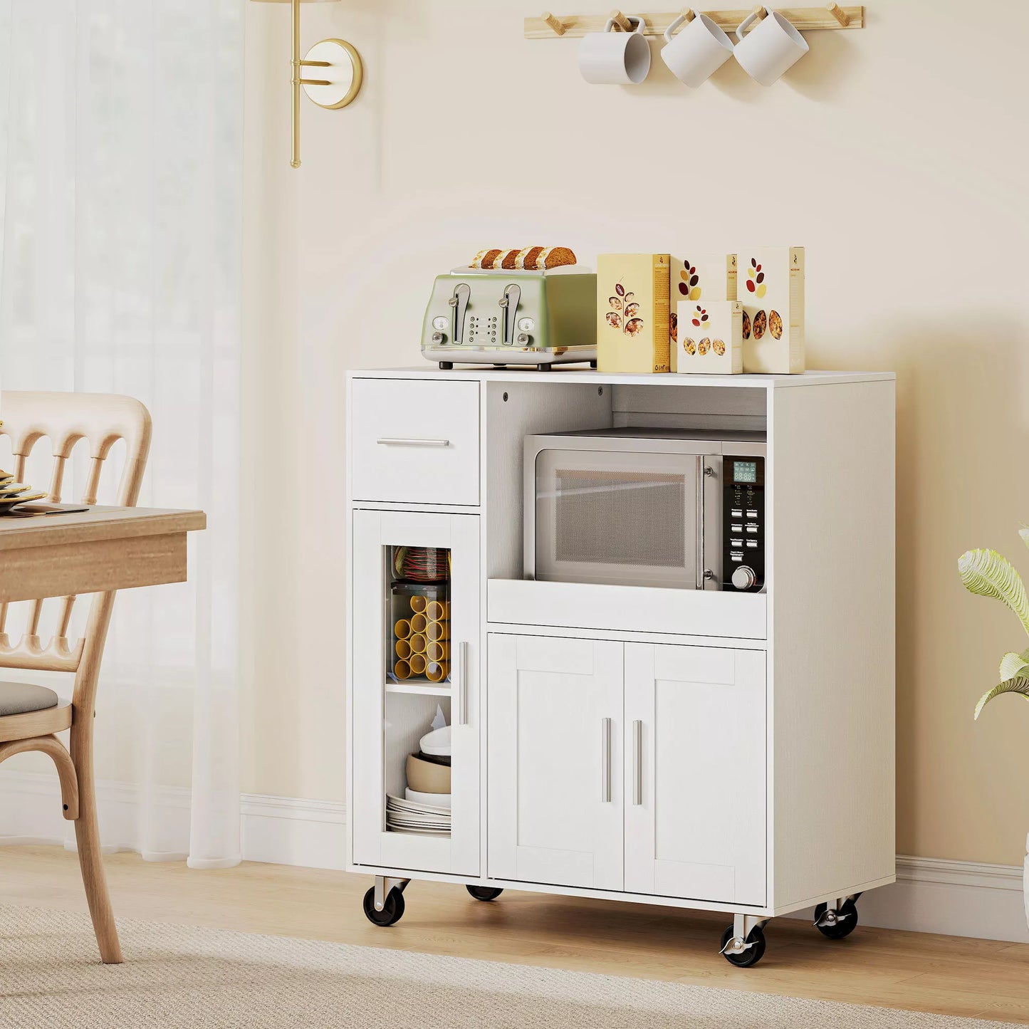 Virtuvės spintelė ant ratukų, mobili virtuvės komoda su lentynomis, stalčiais, reguliuojama lentyna, kabelio anga, balta