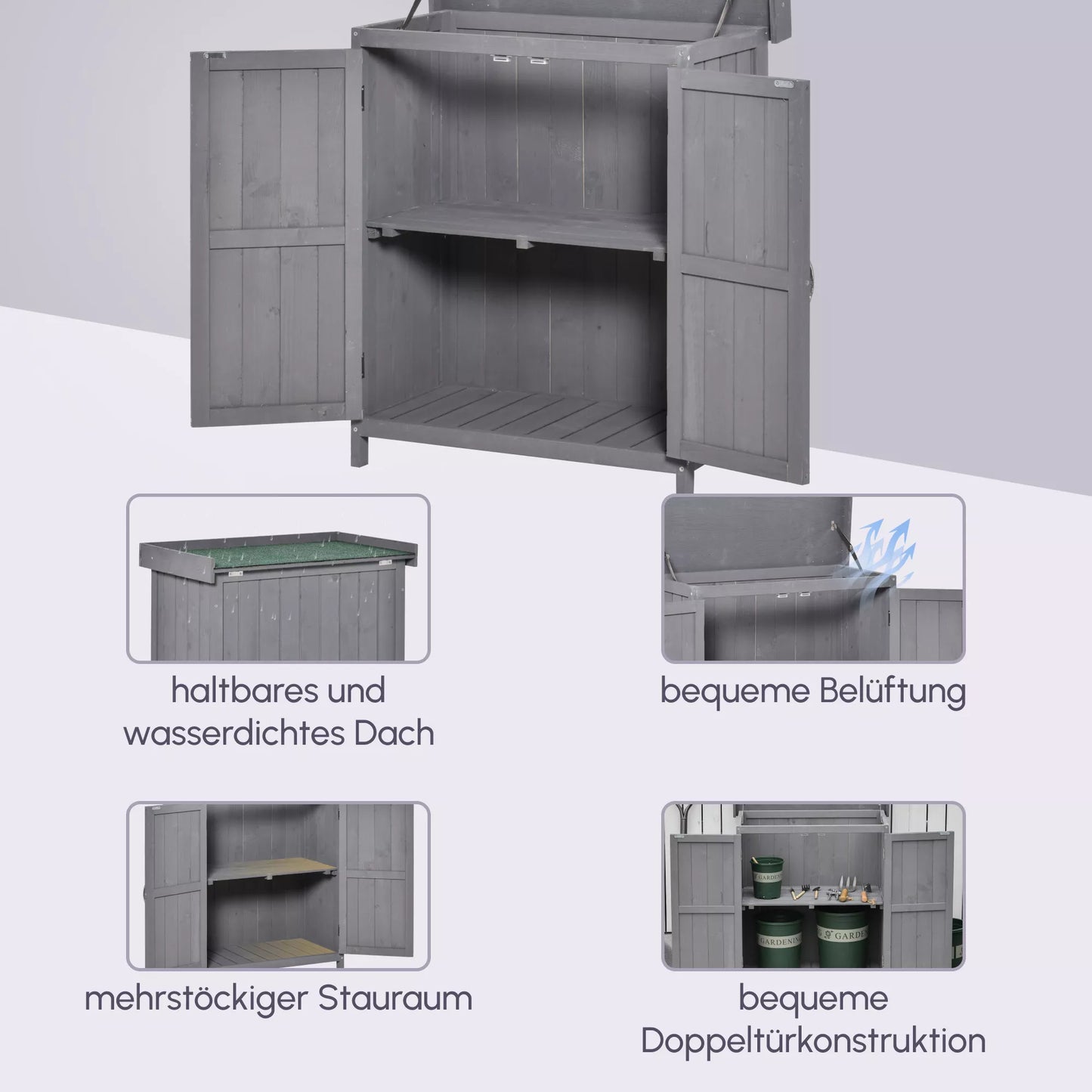 Sandėliavimo spintelė, dvigubos durys, pakeliamas dangtis, 2 lentynos, atsparus oro sąlygoms, natūralaus medžio, pilka, 74 x 43 x 88cm