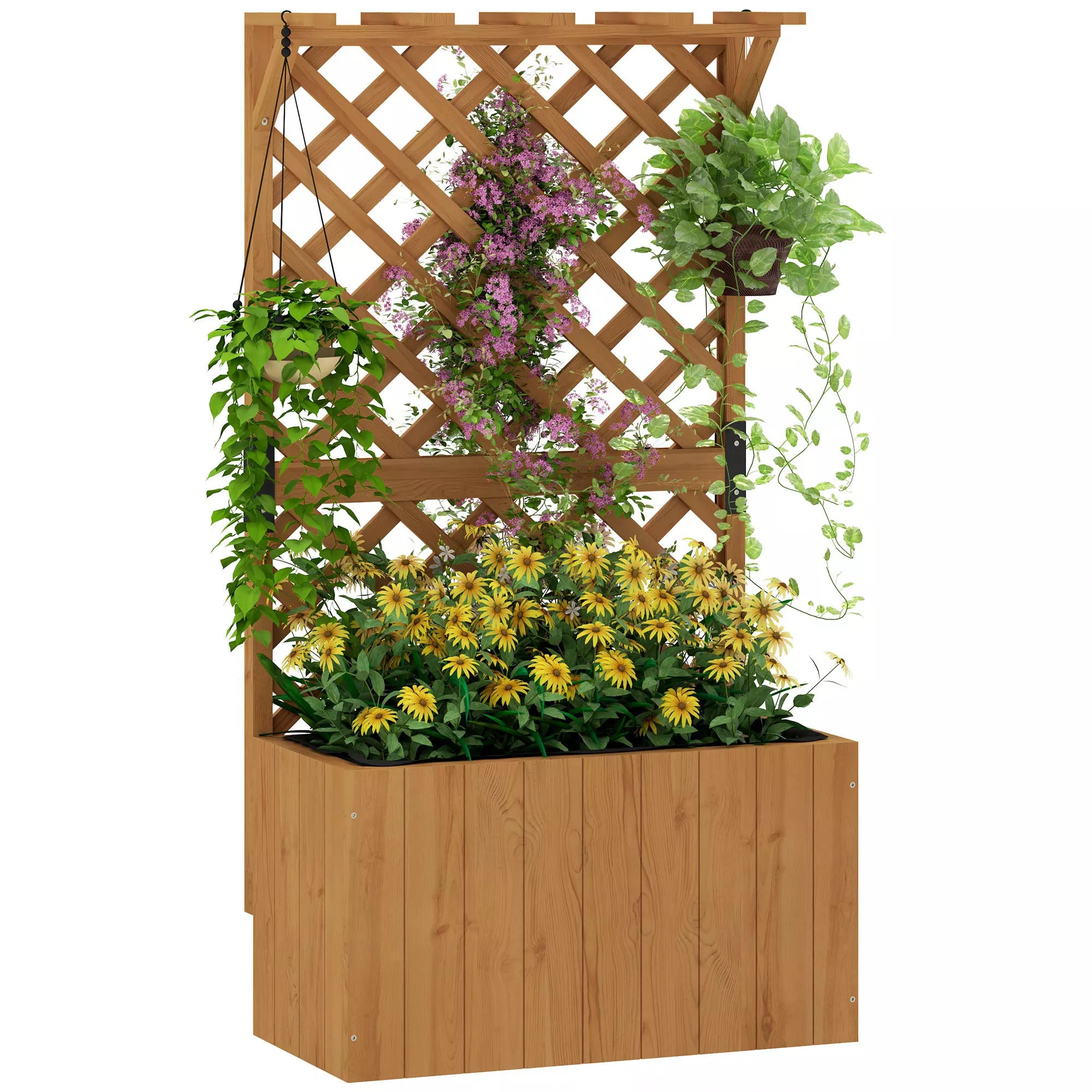 Aukštas gėlių dėžė su grotelėmis, grotelės gėlių vazonai, medinės gėlių dėžės, sodo grotelės 64 x 33 x 122 cm, natūralaus medžio