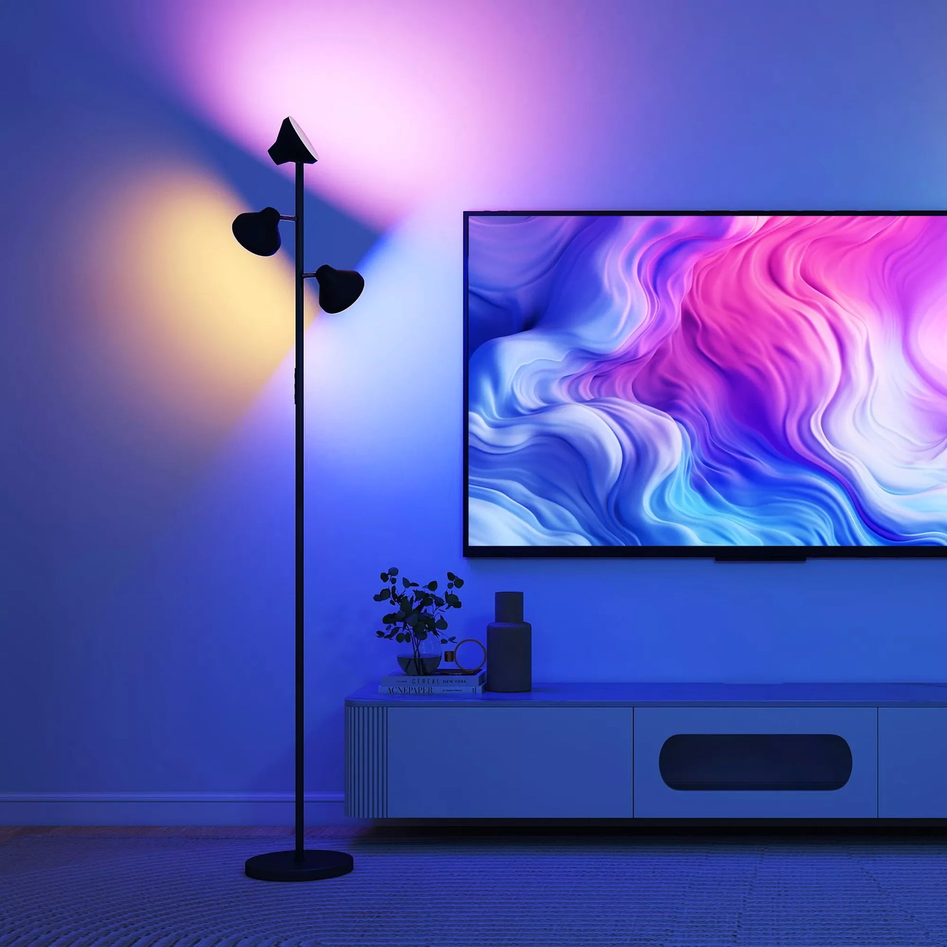 Reguliuojamas stovas su skaitymo lempa, stovas RGB spalvų keitimas su nuotolinio valdymo pultu, jutiklinis valdymas, 3 pasukamos galvutės, juodos spalvos