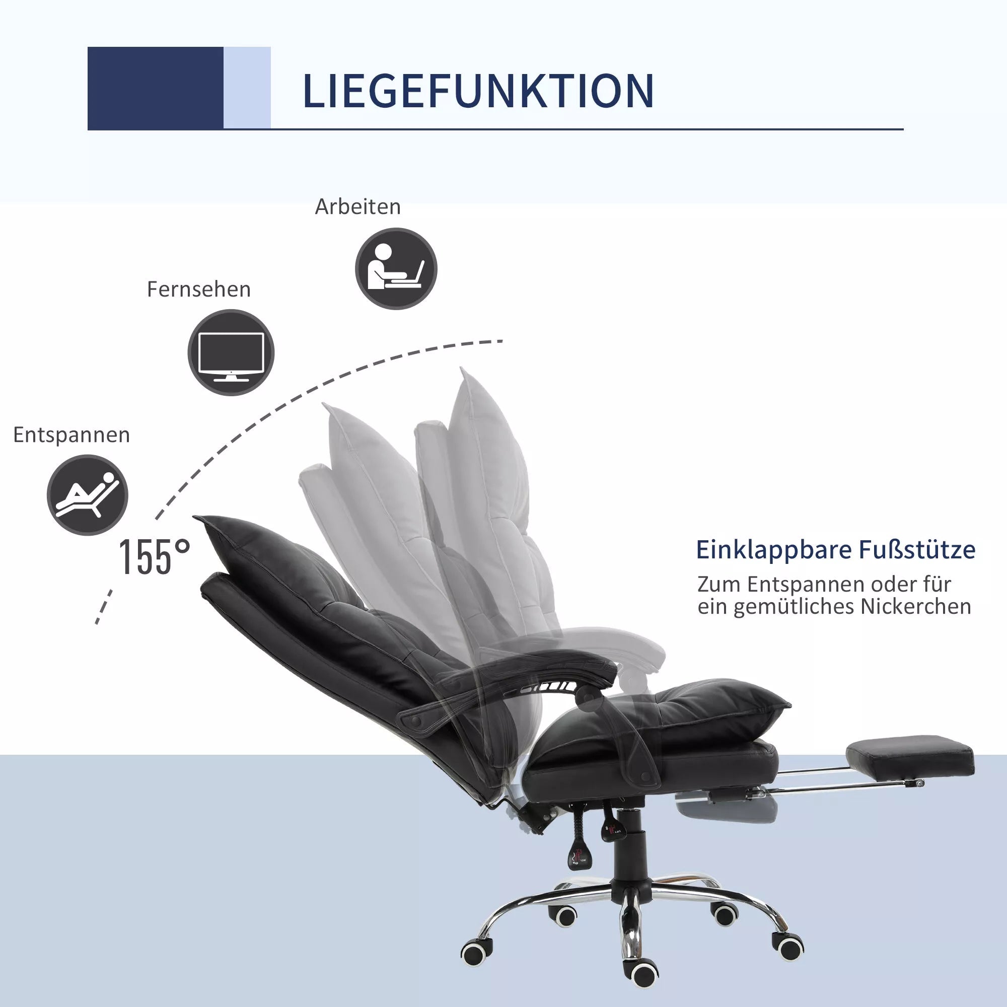 Biuro kėdė Ergonomiška darbo kėdė su porankiais, atrama kojoms, aukščio reguliuojama sukiojama kėdė iš dirbtinės odos, paminkštinta kompiuterio kėdė, juoda