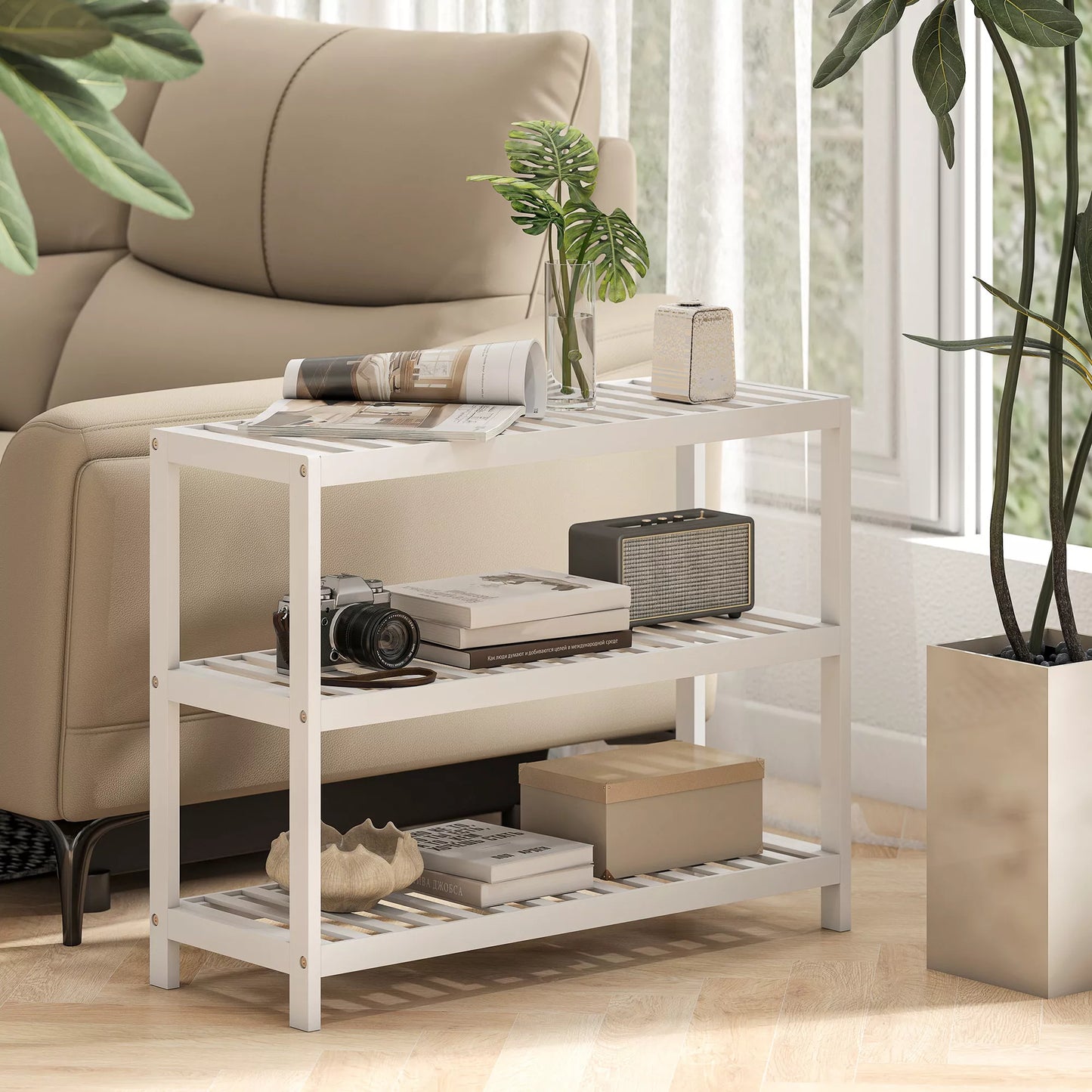 3 pakopų bambuko lentynos, batų lentynos, laikymo lentynos, lakuotas paviršius, baltos spalvos