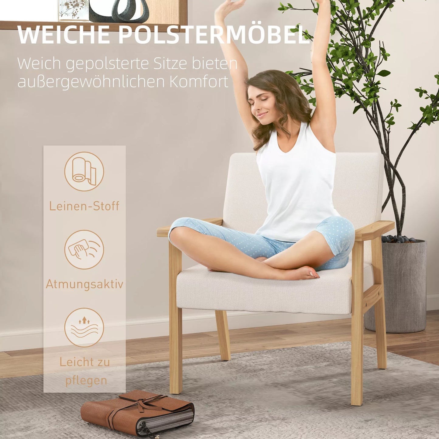 Minkštas fotelis su porankiais, valgomojo kėdė su linine išvaizda, su medžio masyvo rėmu, 64 x 70 x 72 cm, kreminės spalvos.