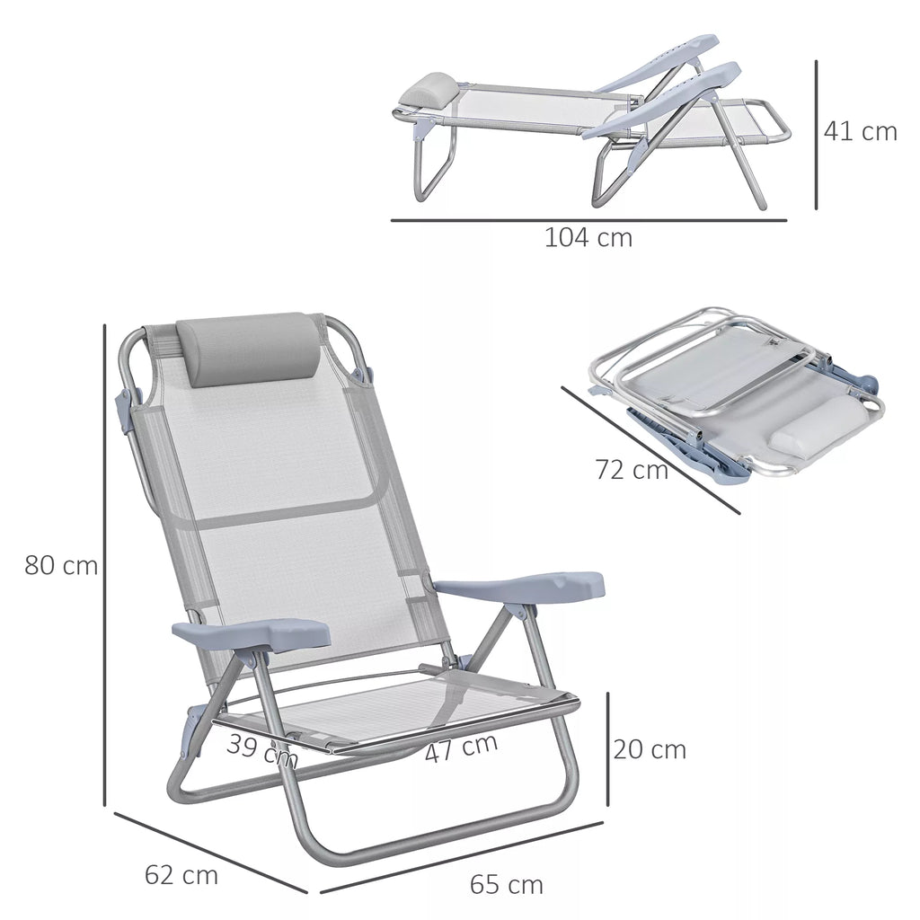 Kėdės matmenų schema: išskleistos aukštis 80 cm, plotis 65 cm, gylis 62 cm, sulankstytos dydis 72x41 cm