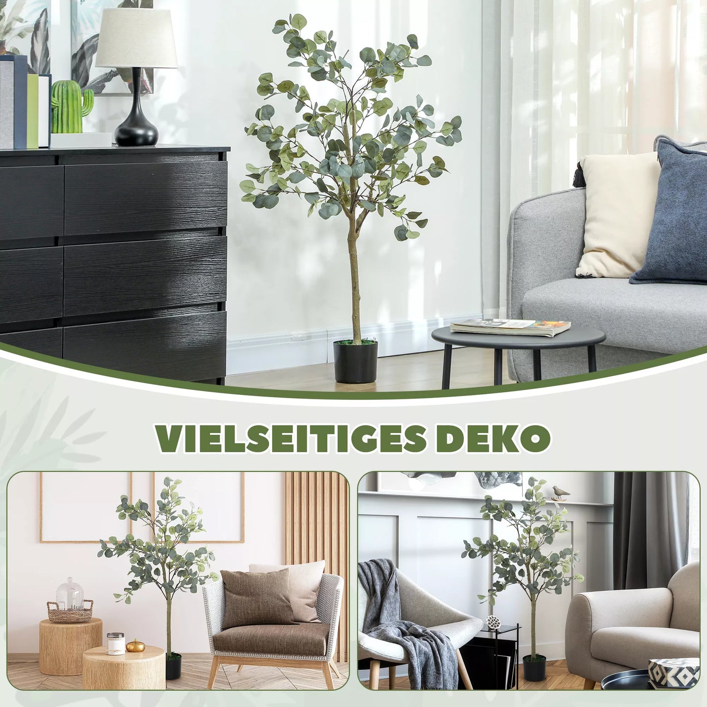 Dirbtinis augalas, tikroviškas dirbtinis medis, cementiniame vazone, nereikalaujantis priežiūros, žalias