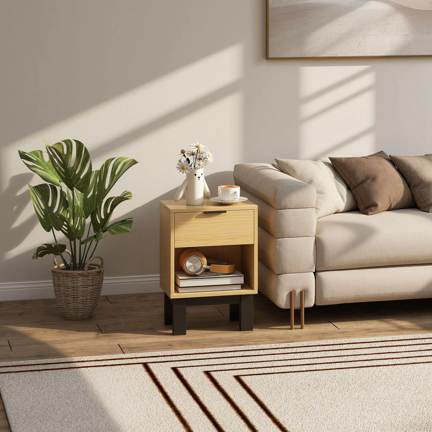 Naktinis staliukas, naktinis su stalčiumi, atviras skyrius, naktinis staliukas miegamajam, svetainei, 35 x 26 x 50 cm, ąžuolas