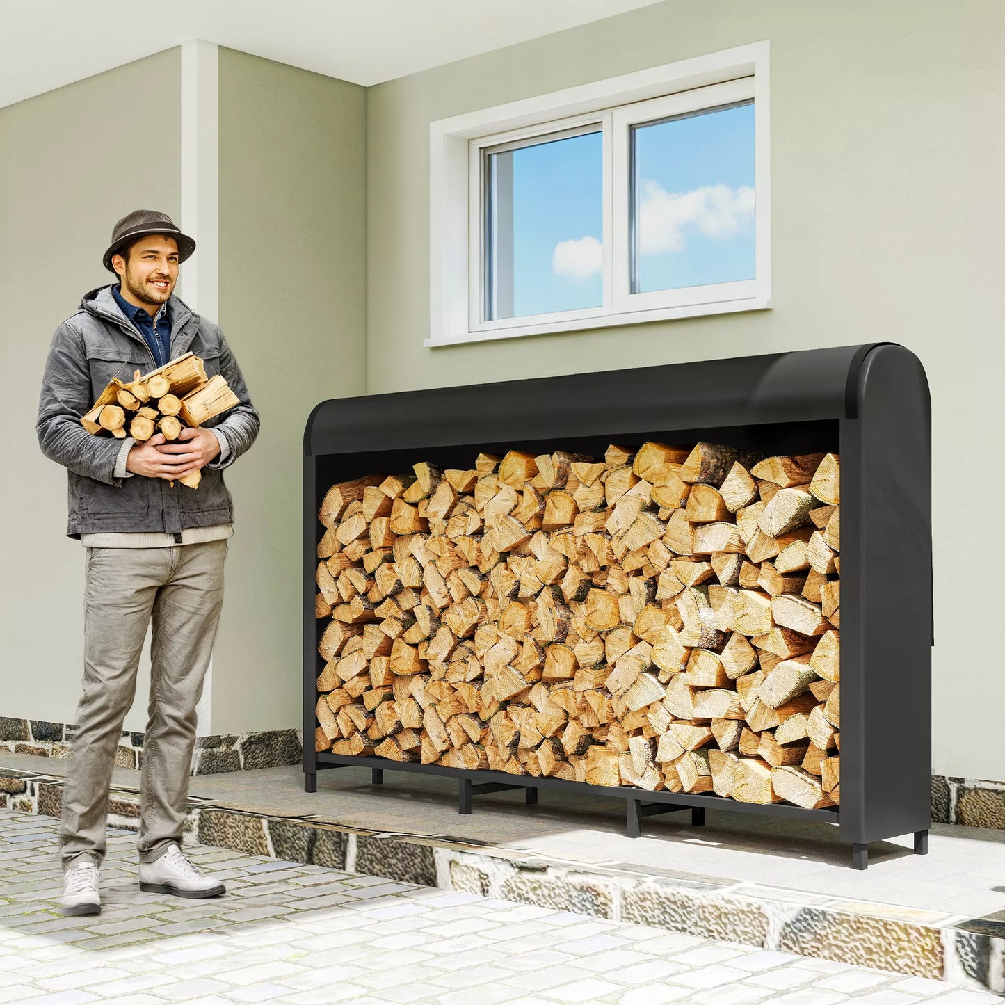 Metalo malkų laikiklis 199 x 30 x 121 cm, 0,6 m³ talpos, su vandeniui atspariu uždangalu, iki 300 kg