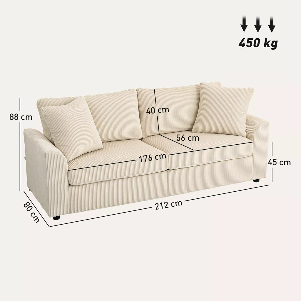 Trivietė sofa su pagalvėlėmis, 212 cm, kreminės spalvos