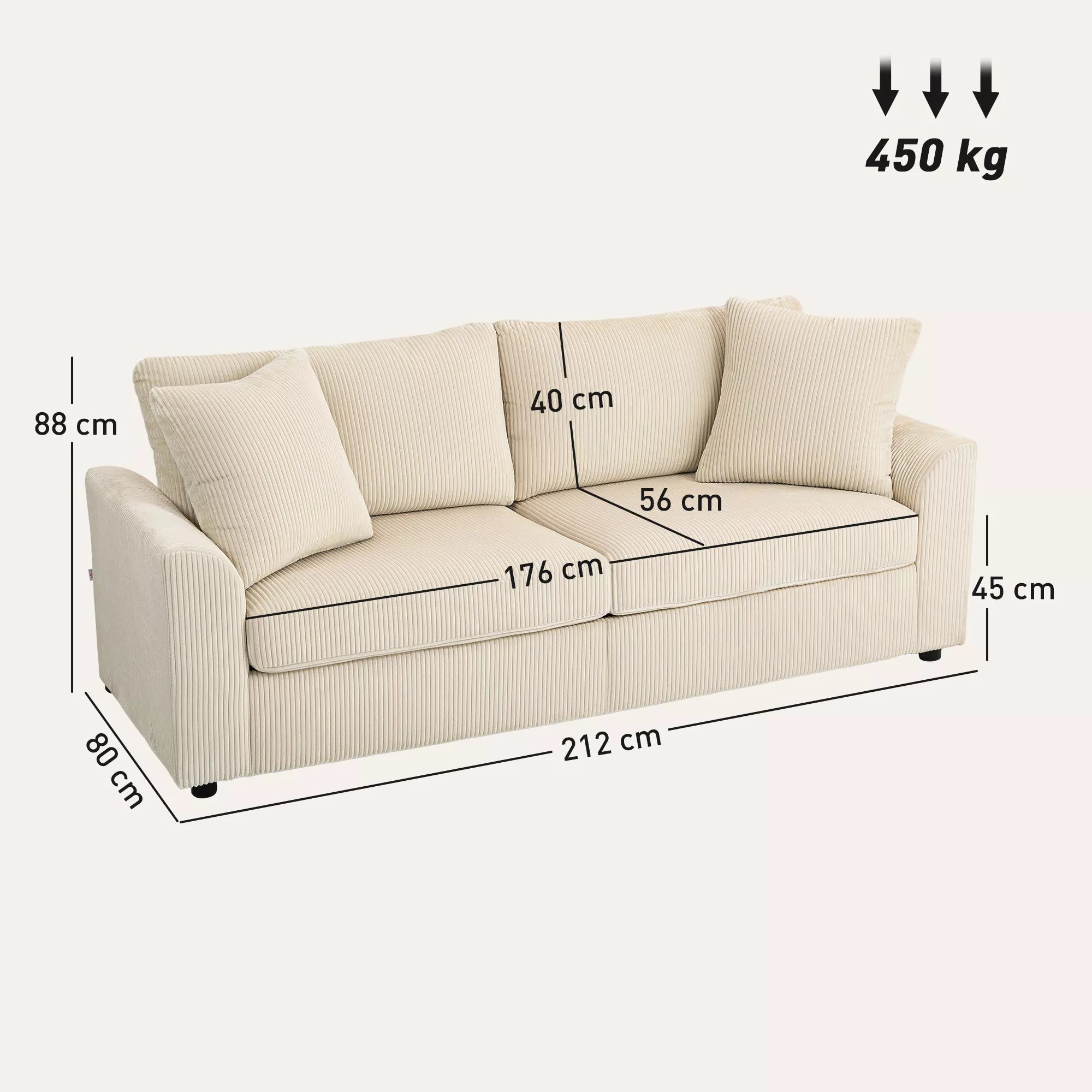 Trivietė sofa su pagalvėlėmis, 212 cm, kreminės spalvos