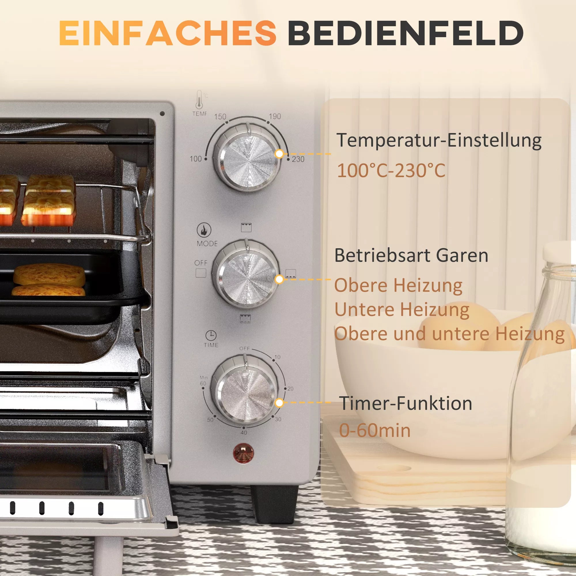 Mini orkaitė, 21 l Tosteris su 1 vieliniu grotelių rėmu ir 1 kepimo skarda, 3 kepimo režimai, 100 °C–230 °C, nerūdijantis plienas, stiklas, sidabras