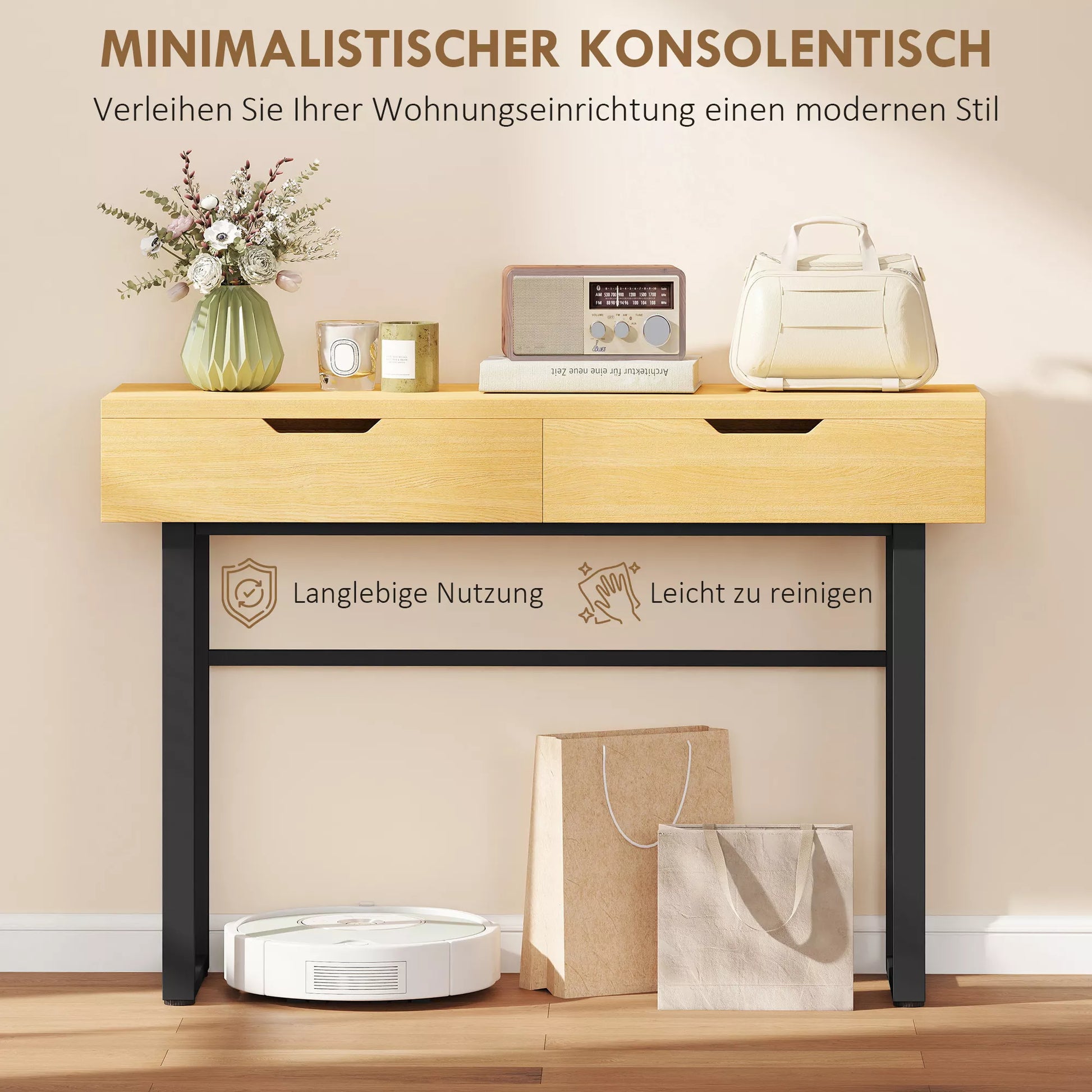 Konsolė Siauras prieškambario stalas su 2 stalčiais, metalinis rėmas, skirtas prieškambariui 110 x 35 x 76,5 cm Natūralus