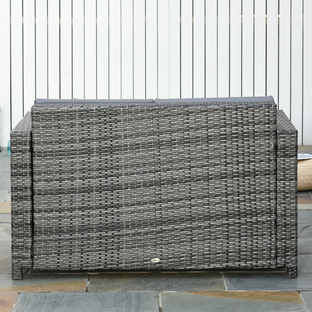 Polirataninė sofa su pagalvėmis, 2 vietų, sodo poilsio sofa, metalas, poliesteris, pilka, 130 x 70 x 80 cm