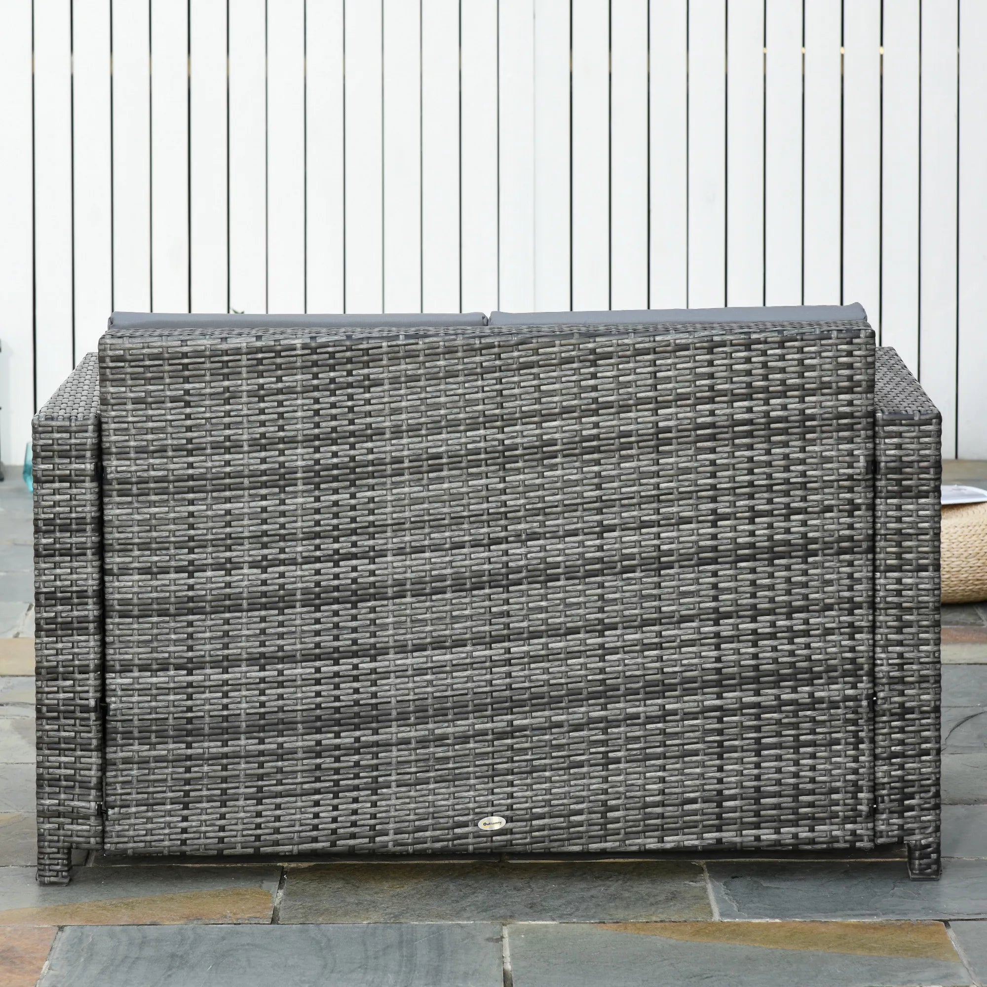 Polirataninė sofa su pagalvėmis, 2 vietų, sodo poilsio sofa, metalas, poliesteris, pilka, 130 x 70 x 80 cm
