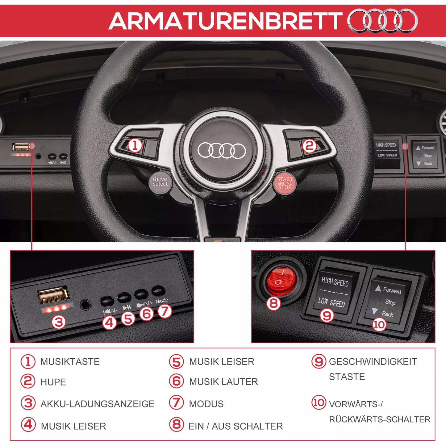 Vaikiškas elektrinis automobilis Audi, su 2.4G nuotolinio valdymo pulteliu, muzika, garsiniu signalu, LED, USB, vaikams nuo 3-5 metų, Juodas