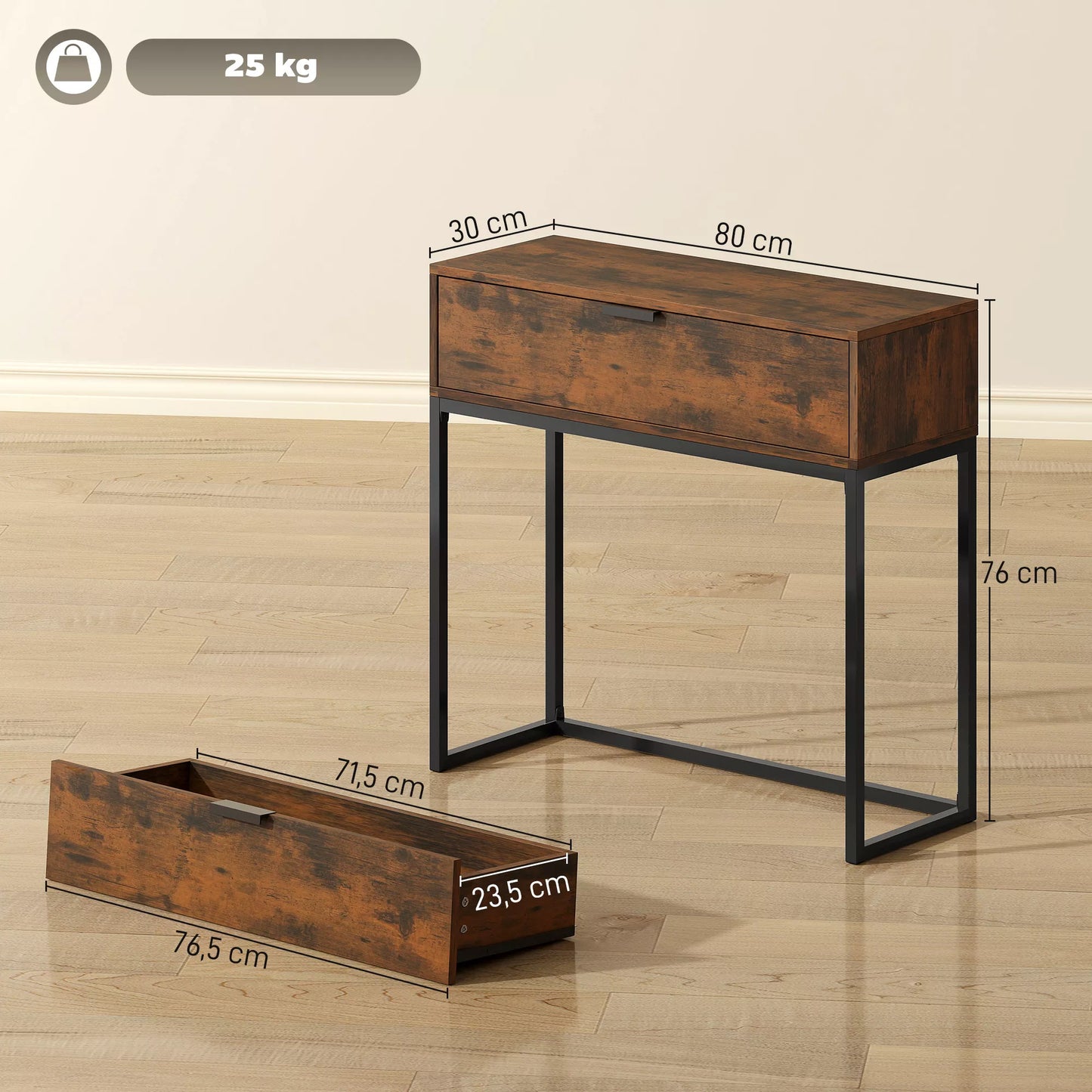 Konsolė, prieškambario stalas su stalčiu, pramoninis dizainas, prieškambario svetainė, 80x30x76 cm, juoda