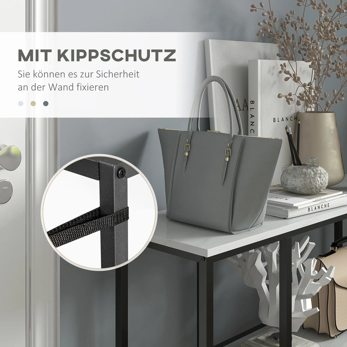 Pramoninio dizaino konsolė, 2 lentynos, marmuro imitacija, juoda + balta