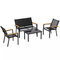 Sodo baldų komplektas iš metalo, skirtas 4 asmenims. Sodo poilsio zona su dviviete sofa, kėdėmis ir pagalbiniu staliuku, 110x63,5x84 cm, juodos spalvos