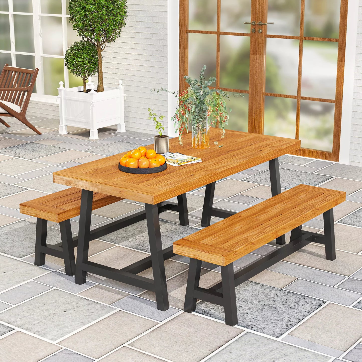 3 dalių medinė valgomojo grupė 4 asmenims Valgomojo stalas su 2 suolais Tiko mediena