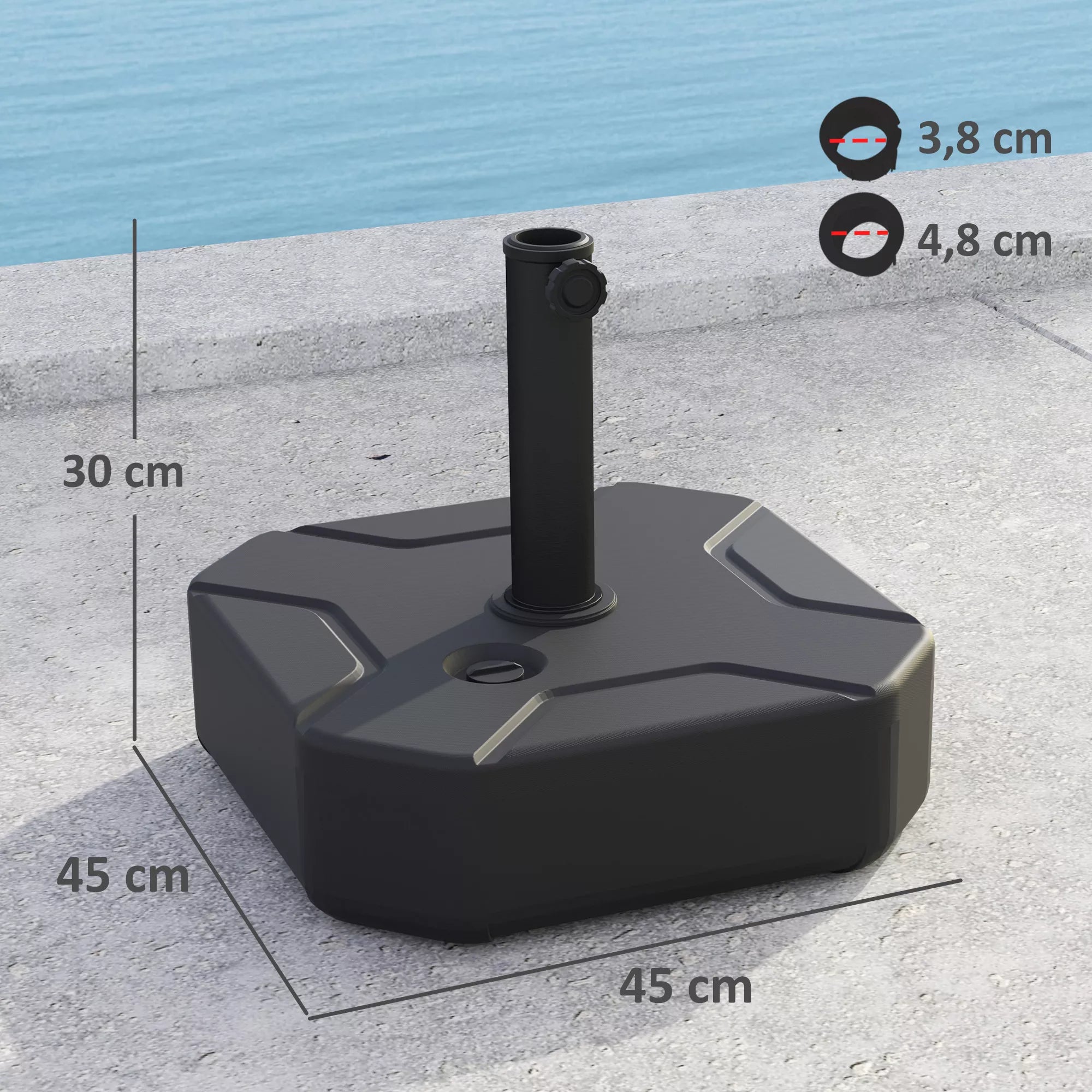 Skėčių stovas, kurį galima pripildyti iki 25 kg Skėčių stovas, kvadratinis Skėčių laikiklis Stovas skėčiams 38/48 mm