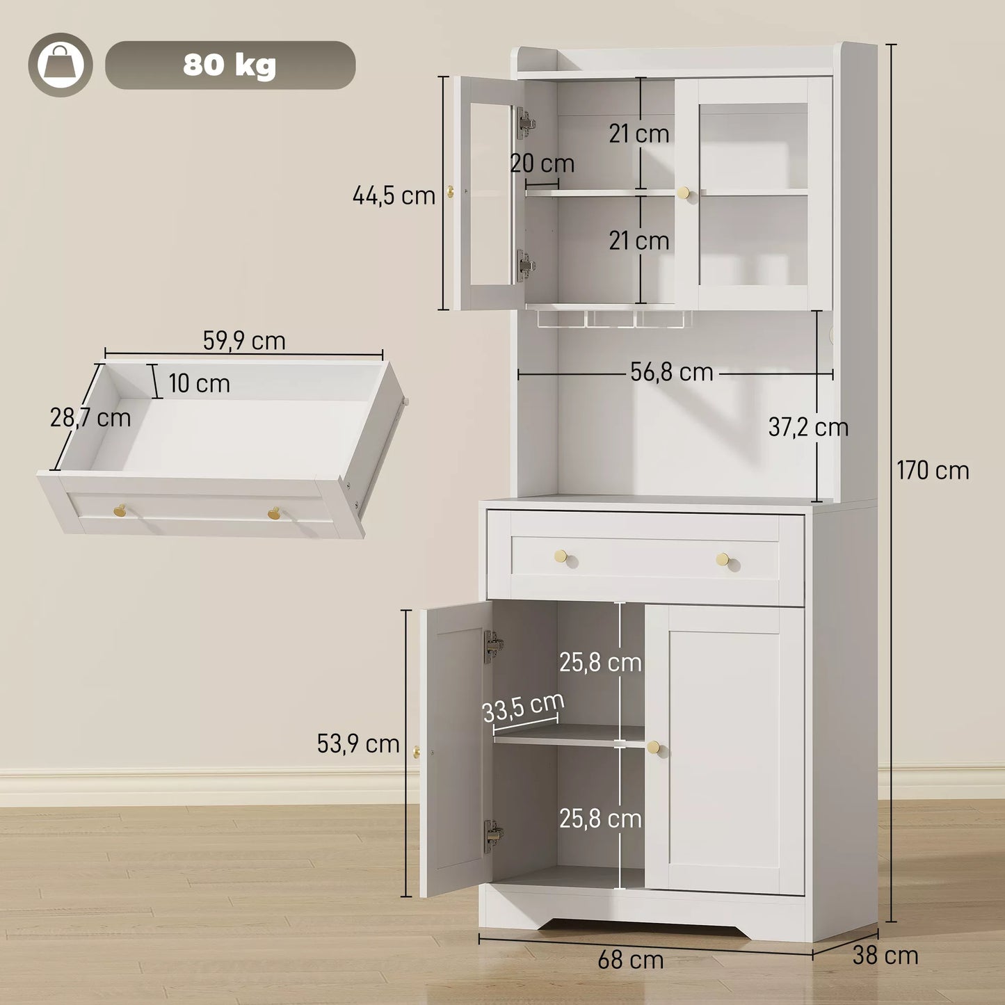 Virtuvės spintelė su darbo paviršiumi, vyno taurių laikiklis, sandėliavimo spintelė virtuvėje, valgomojo kambaryje, 170 cm, MDF, stiklas, balta