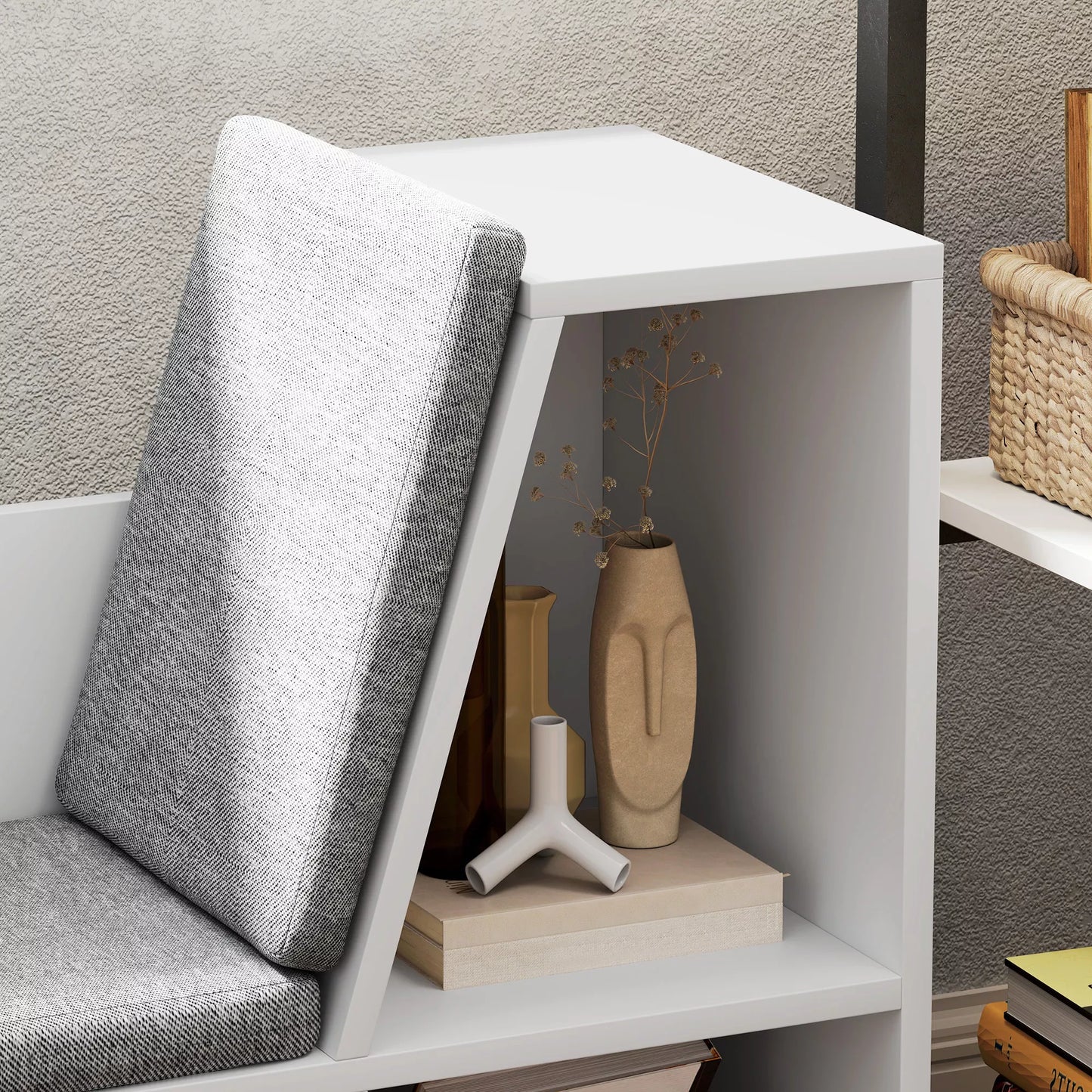 Knygų lentyna su sėdimoji vieta, 6 skyriai, paminkštinta, 105 x 30 x 63 cm, balta