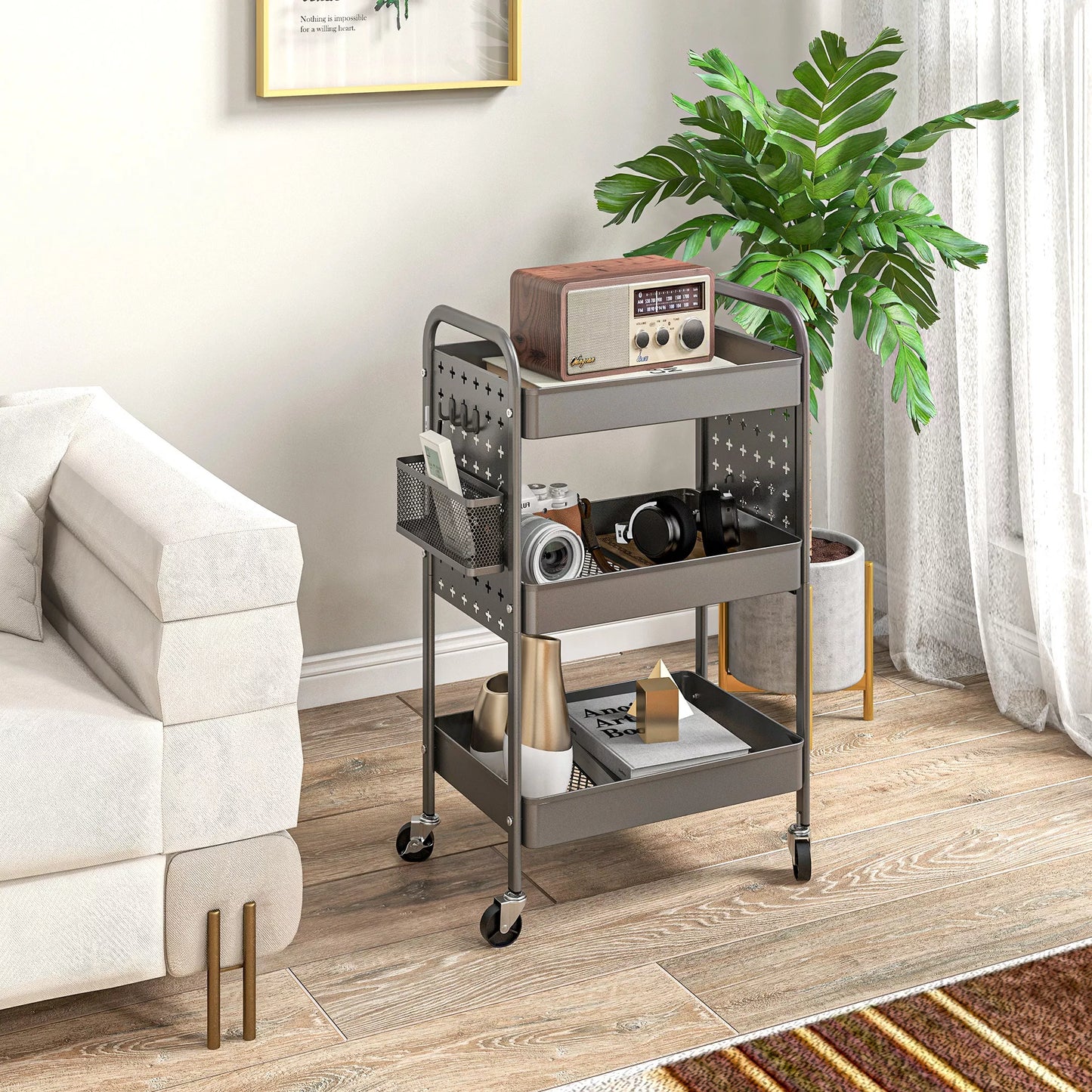 Daugiafunkcinis vežimėlis Virtuvės vežimėlis, 3 lentynos, 4 ratukai, 53,5 cm x 30,5 cm x 75 cm, pilkos spalvos