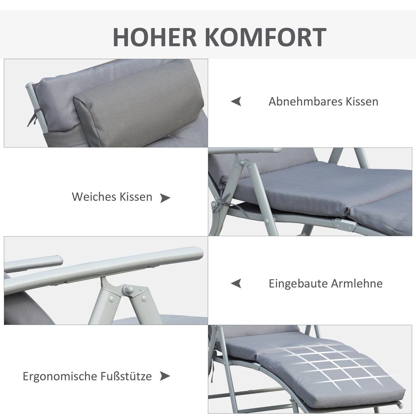 Sulankstoma lauko gultas su pagalvėlėmis ir 7 padėčių atlošo reguliavimu, atlaikantis iki 165 kg, sodui, atostogoms, lauke, pilkos spalvos