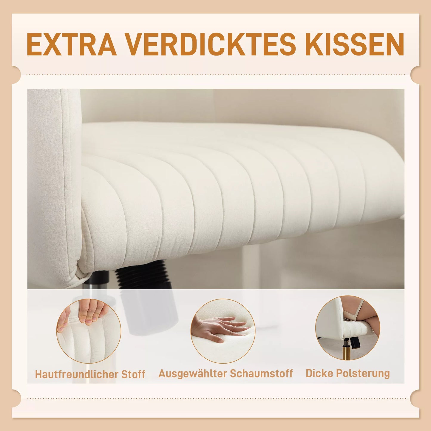 Sukama biuro kėdė su aksomo imitacijos apmušalu, aukščio reguliuojama, su pakreipimo funkcija, kreminės baltos spalvos