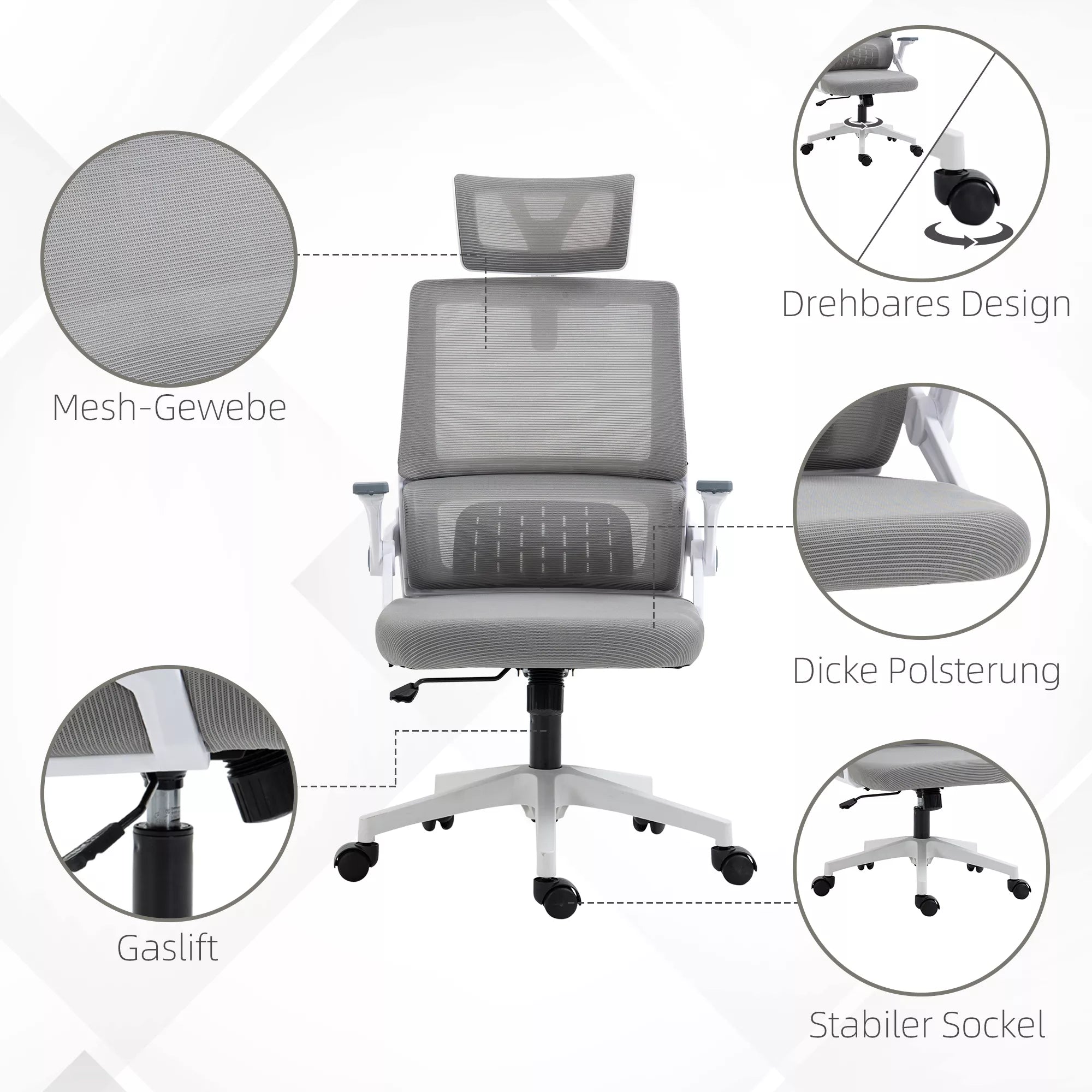 Biuro kėdė ergonomiška su galvos atrama iki 120 kg, pilka