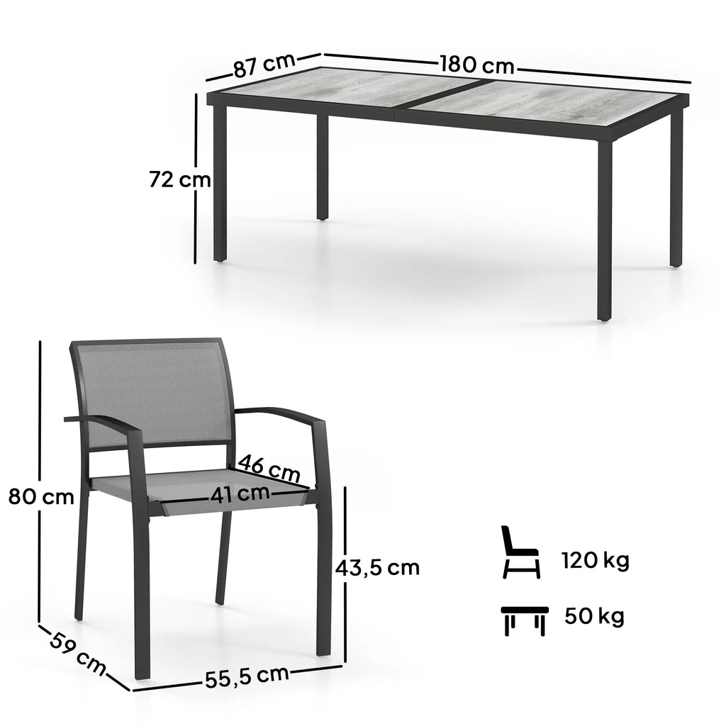 7 dalių valgomojo komplektas, 6 kėdės, 1 stalas, sukraunami, lengvai valomi, plieninis rėmas, sodo baldų komplektas, pilkos spalvos