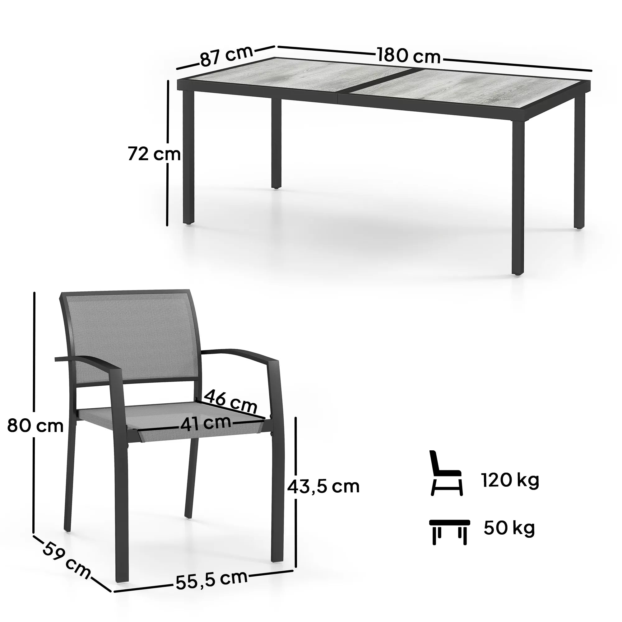 7 dalių valgomojo komplektas, 6 kėdės, 1 stalas, sukraunami, lengvai valomi, plieninis rėmas, sodo baldų komplektas, pilkos spalvos