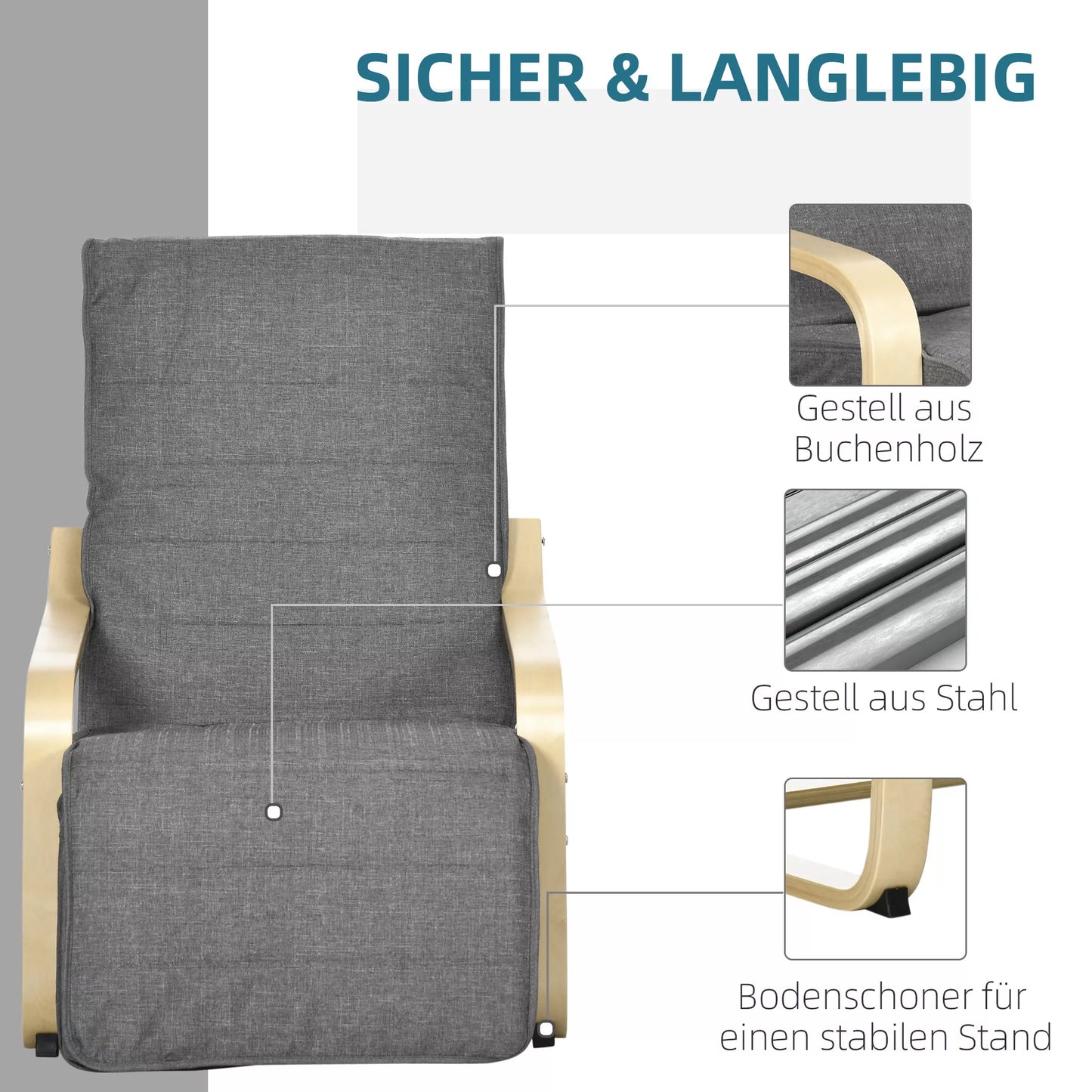 Akcentinis krėslas, poilsio krėslas su reguliuojamu kojų atlošu, beržo medienos rėmas, iki 120 kg, 66,5 x 94 x 100 cm, pilkas