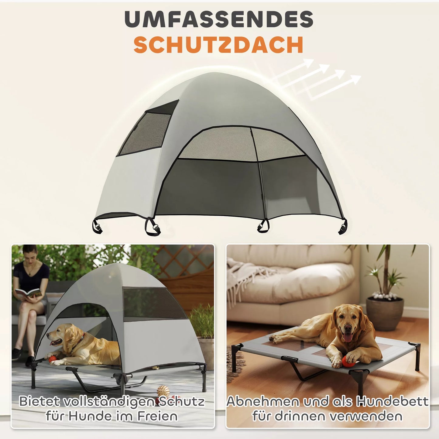 Lauko šunų gultas su stogeliu, paaukštinta šunų lova dideliems šunims, 91 x 76 x 90 cm, šviesiai pilka