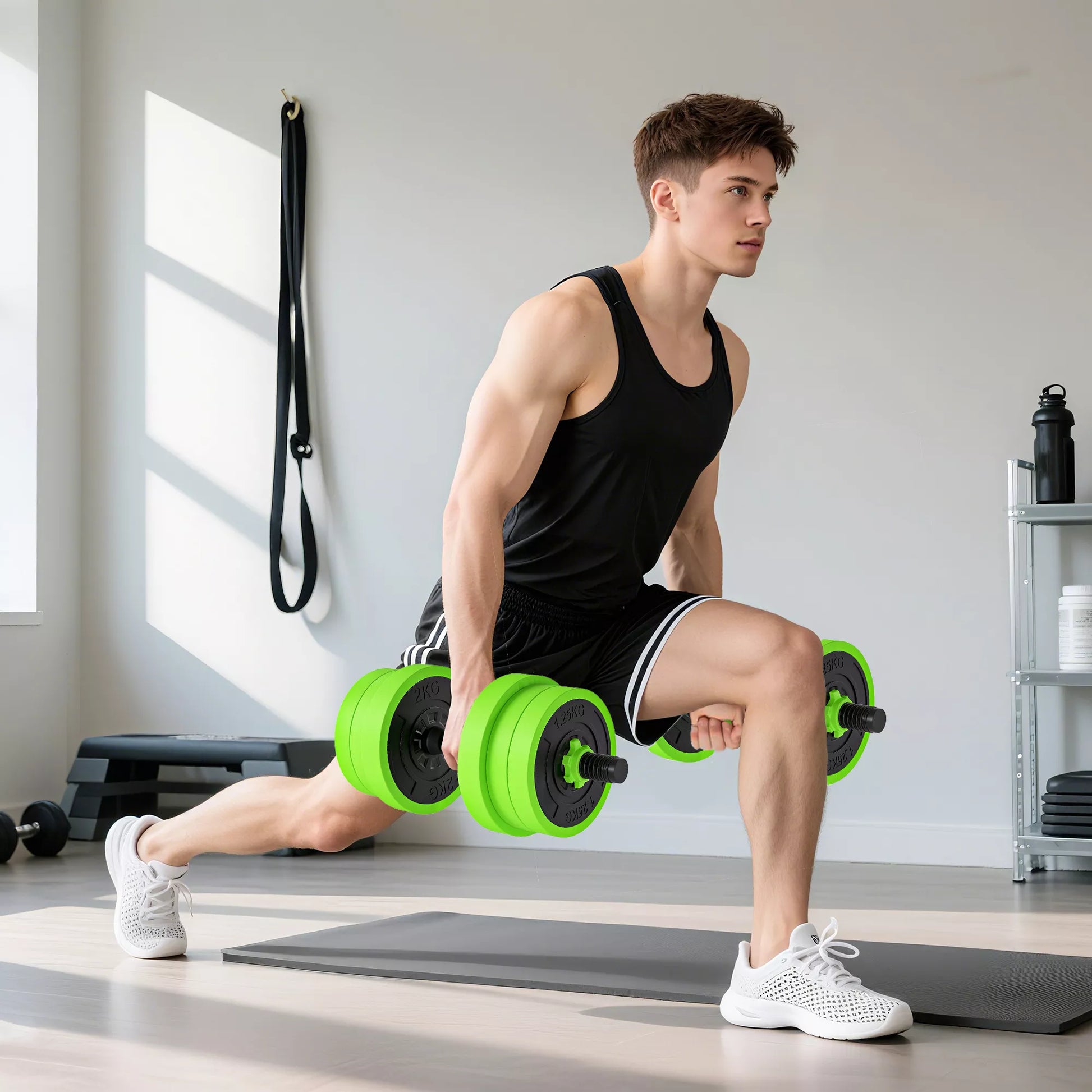 4 viename treniruočių svarmenų rinkinys 20 kg, galimi reguliuojami trumpieji svarmenys & ilgasis svarmuo, kettlebell, atsispaudimų rankenos žalios