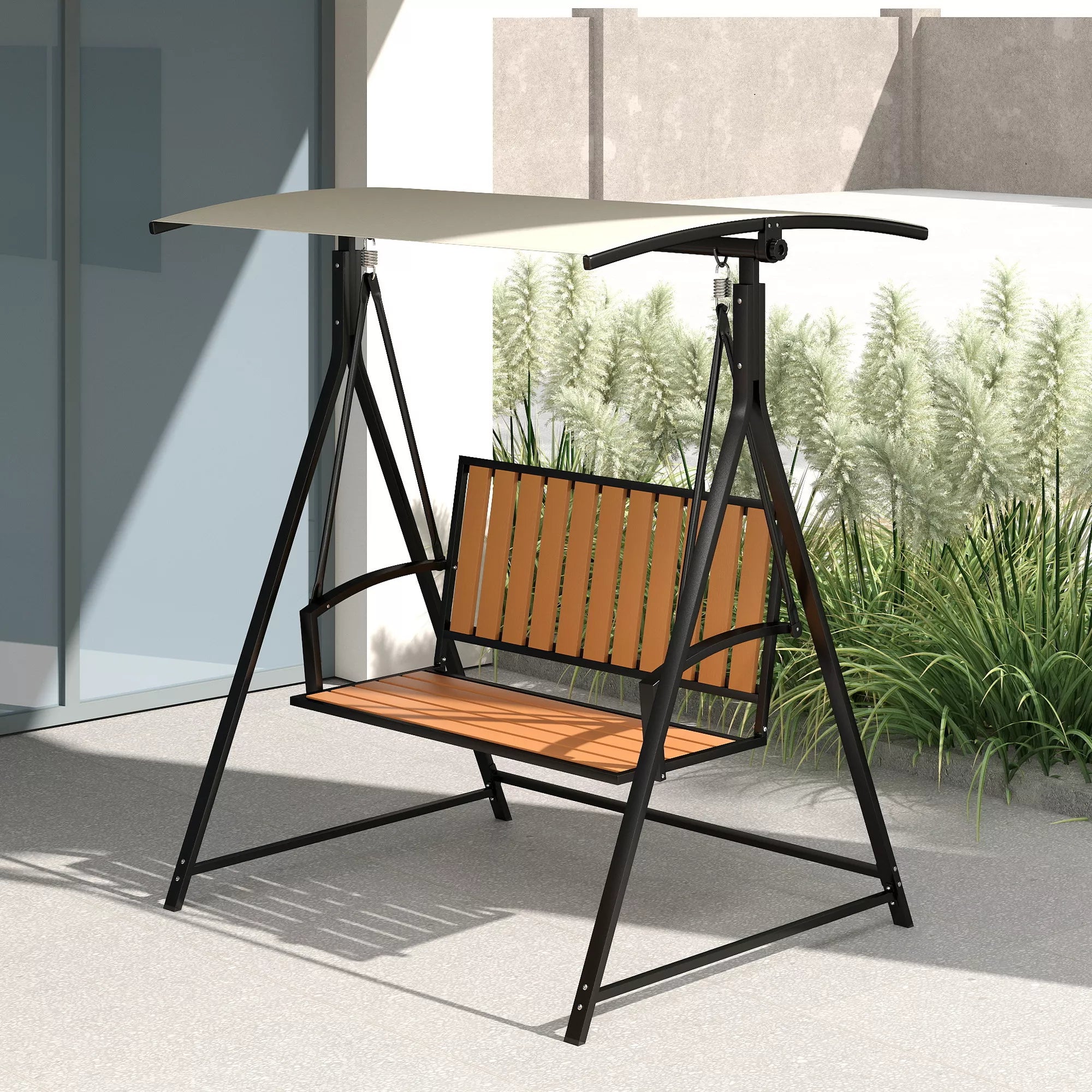 Lauko, sodo  sūpynės su reguliuojamu stogu nuo saulės, 2 vietos sodo sūpynės 142 x 112 x 162 cm, juodos spalvos