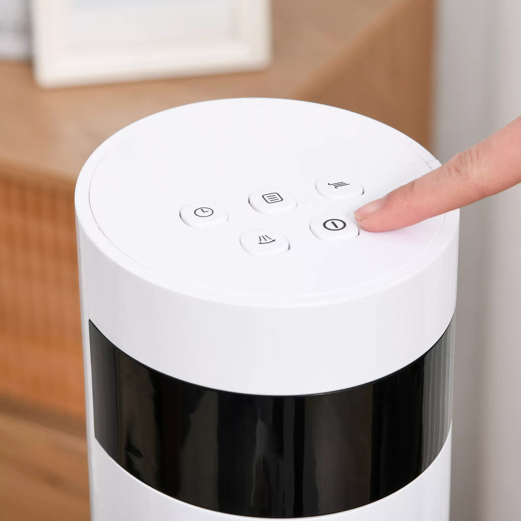 Bokštinis ventiliatorius, stovinis ventiliatorius su 3 ventiliacijos greičiais, nuotolinio valdymo pultas, 50 W ventiliatorius su 12 val. laikmačiu, LCD ekranas, 85° svyravimas, miegamajam, baltas