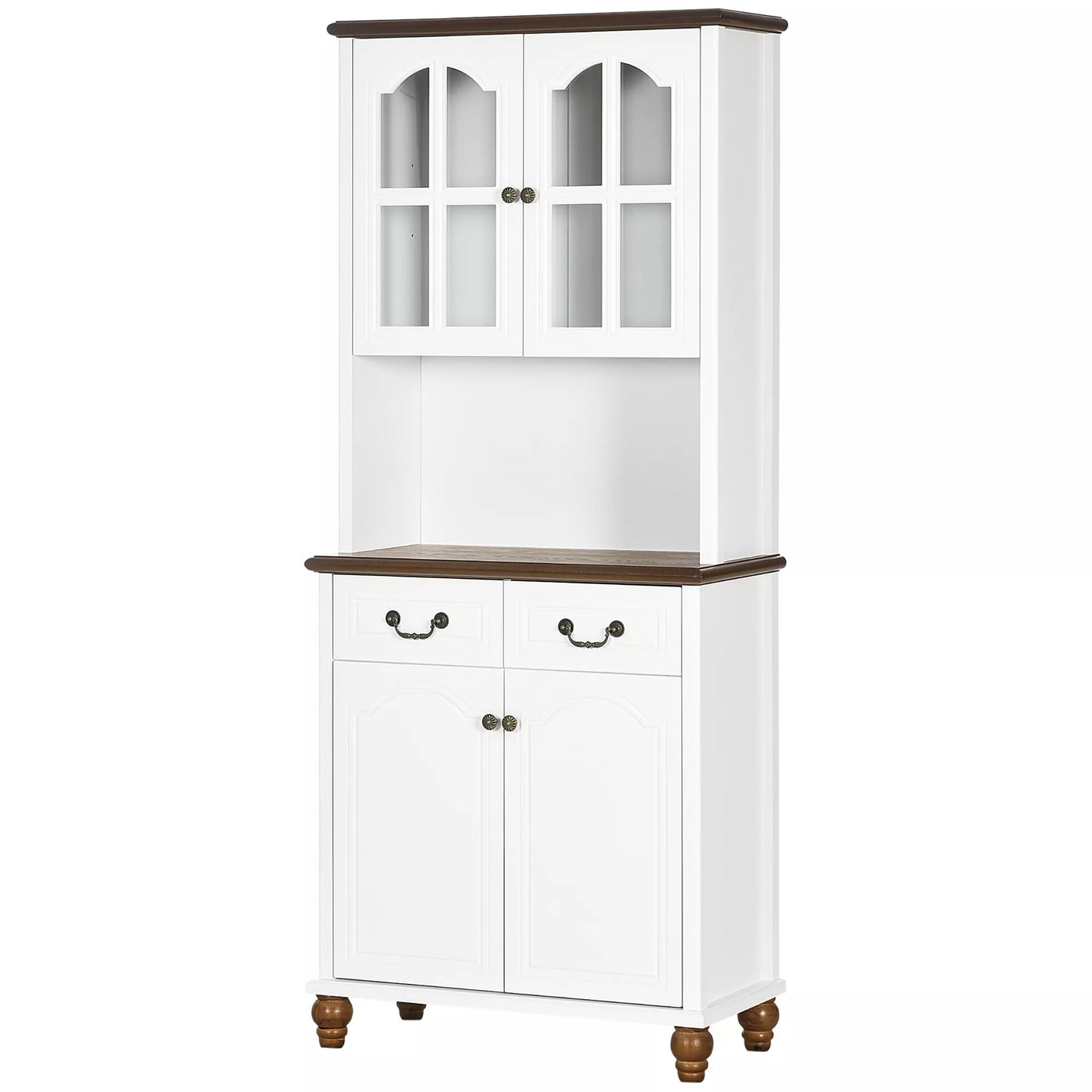 Virtuvės spintelė, bufetas, 2 stalčiai, 2 spintelės skyriai, klasikinis dizainas, balta+tamsiai ruda, 76 x 38 x 182 cm