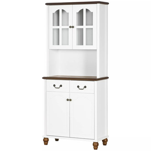 Virtuvės spintelė, bufetas, 2 stalčiai, 2 spintelės skyriai, klasikinis dizainas, balta+tamsiai ruda, 76 x 38 x 182 cm