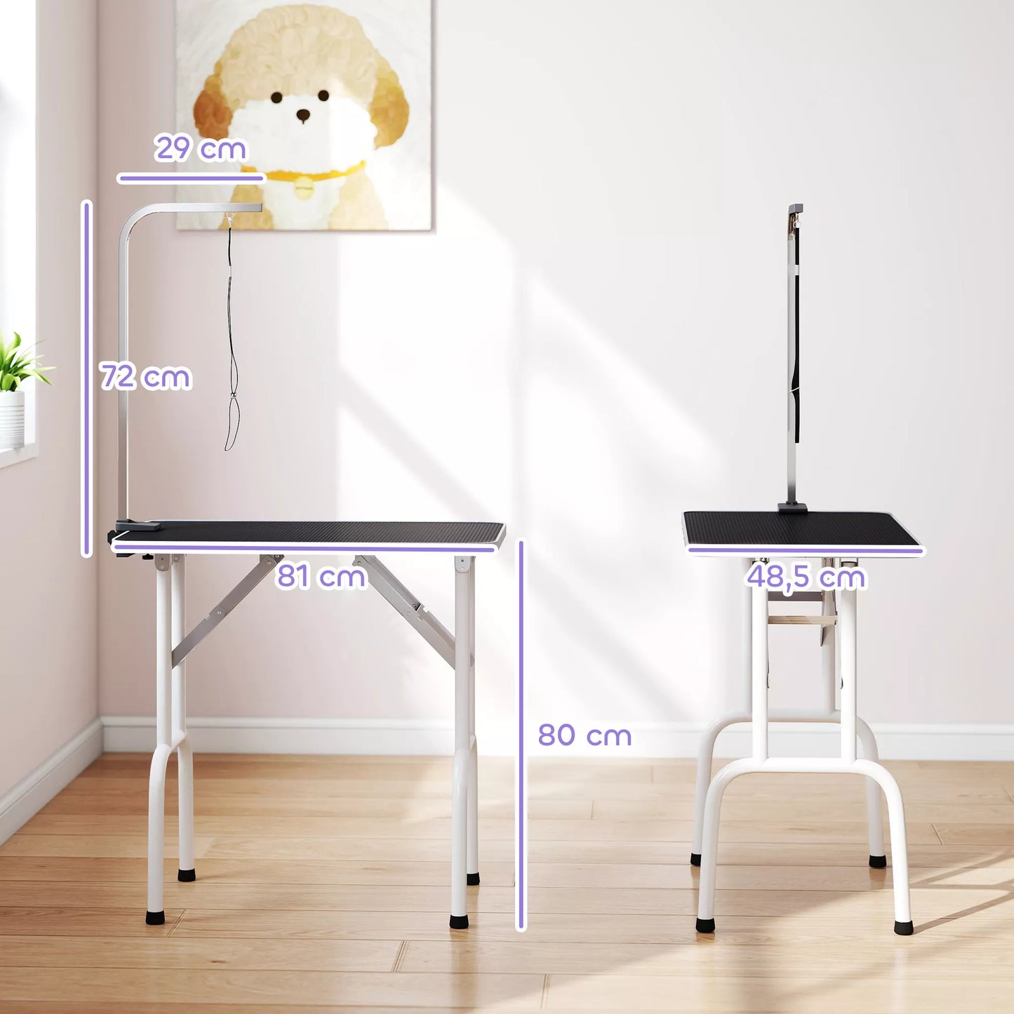 Šunų kirpimo stalas su kilpa, sulankstomas, plieninės kojelės, neslystanti plokštė, 81x48,5x80 cm, juodas