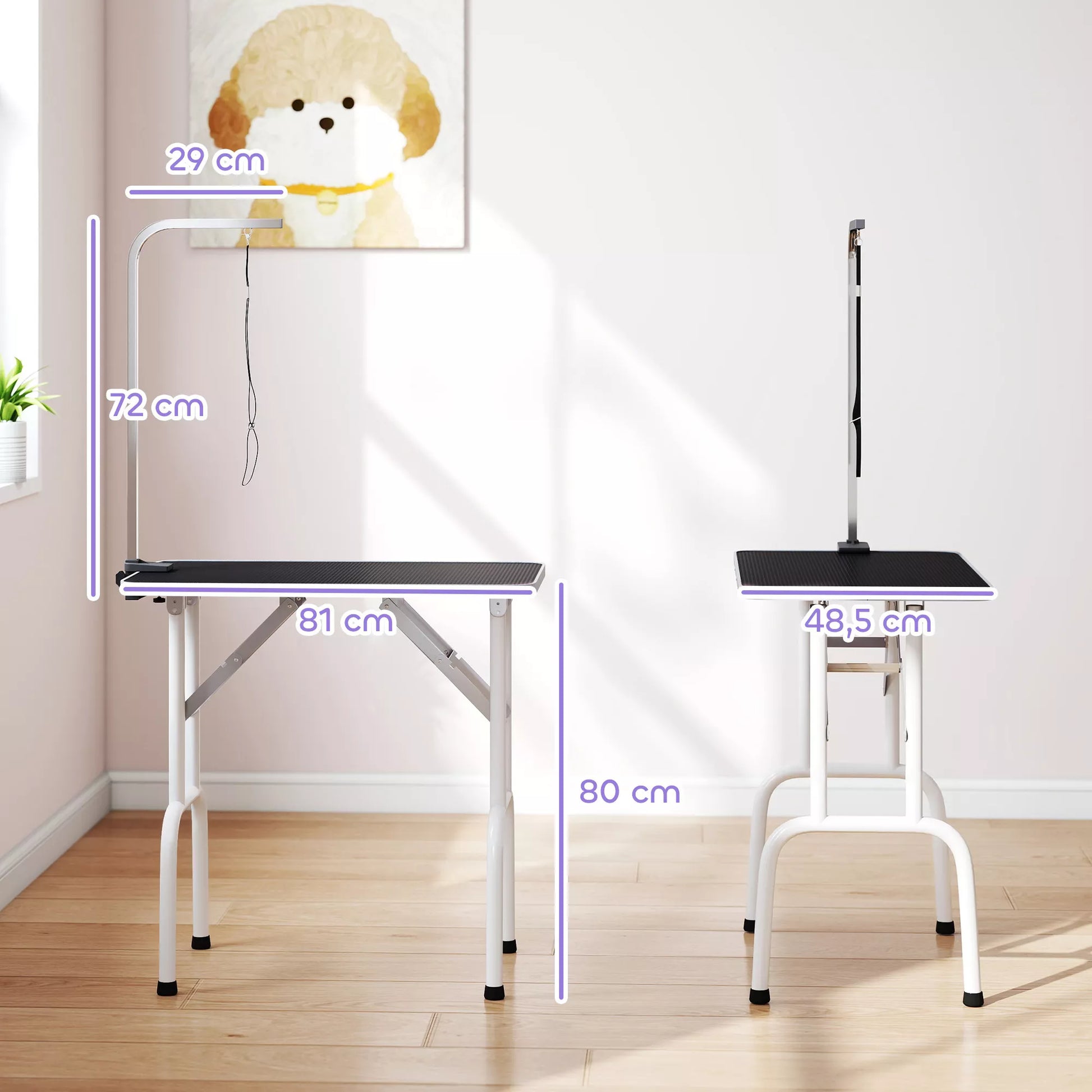 Šunų kirpimo stalas su kilpa, sulankstomas, plieninės kojelės, neslystanti plokštė, 81x48,5x80 cm, juodas