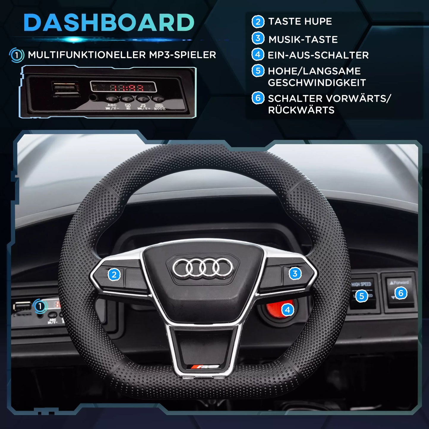 Vaikiškas elektromobilis, su "Audi" licencija, su saugos diržu, nuotolinio valdymo pultu, šviesomis, juodas, 103 x 58 x 41cm