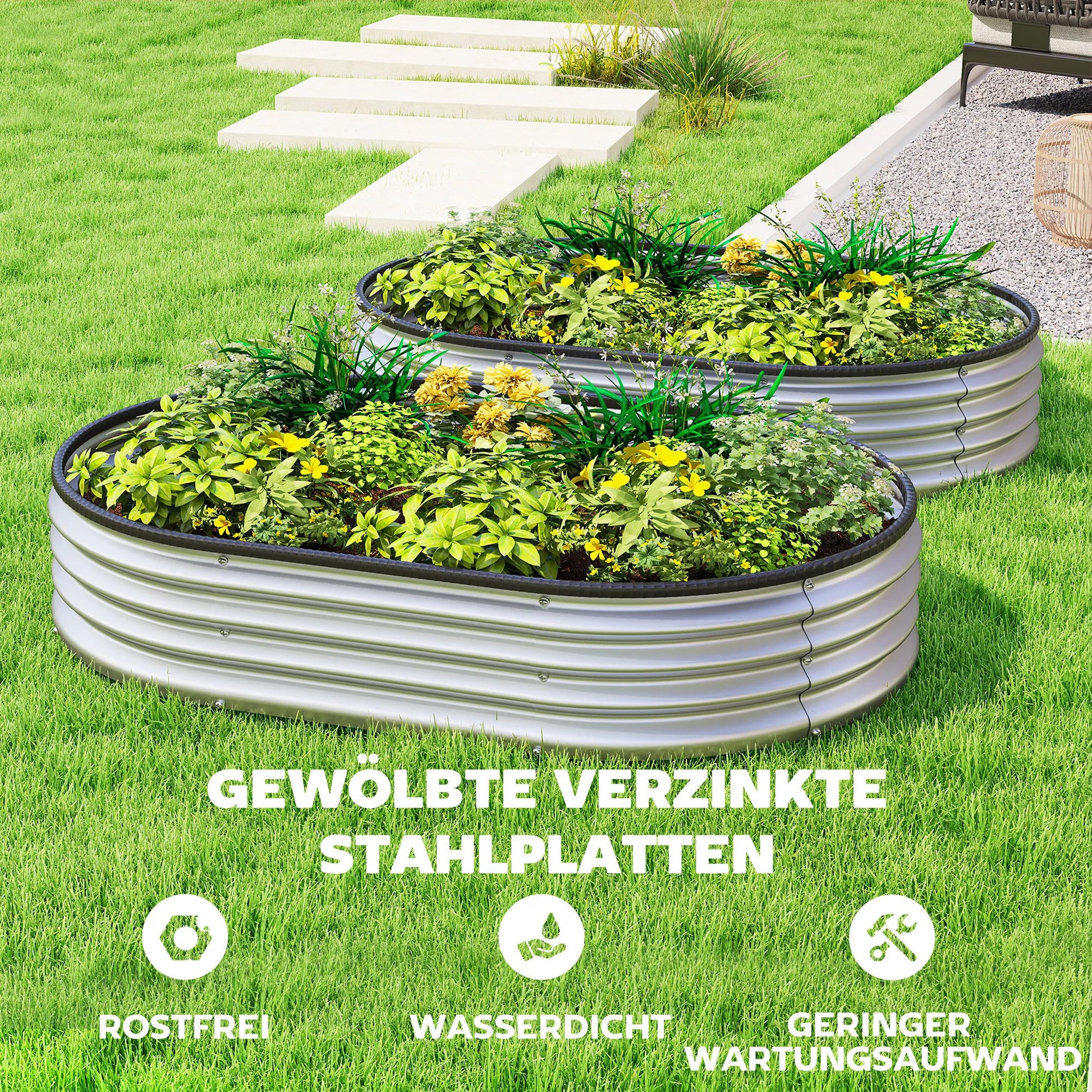 Metalinė pakelta lysvė su guminėmis apsauginėmis juostomis, ovalių augalų dėžių rinkinys, plienas, 135 x 90 x 30 cm, pilka